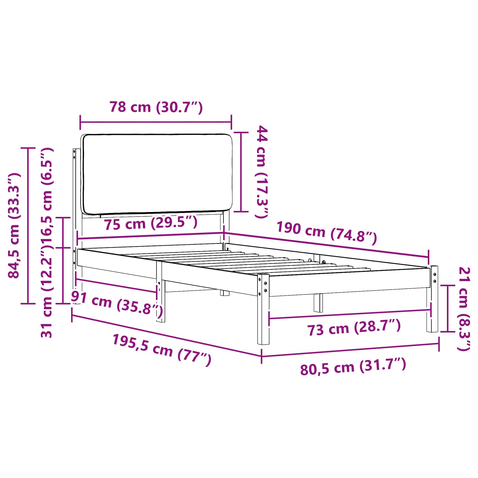 Krevetni okvir s tapiciranim uzglavljem Tamno siva 75 x 190 cm