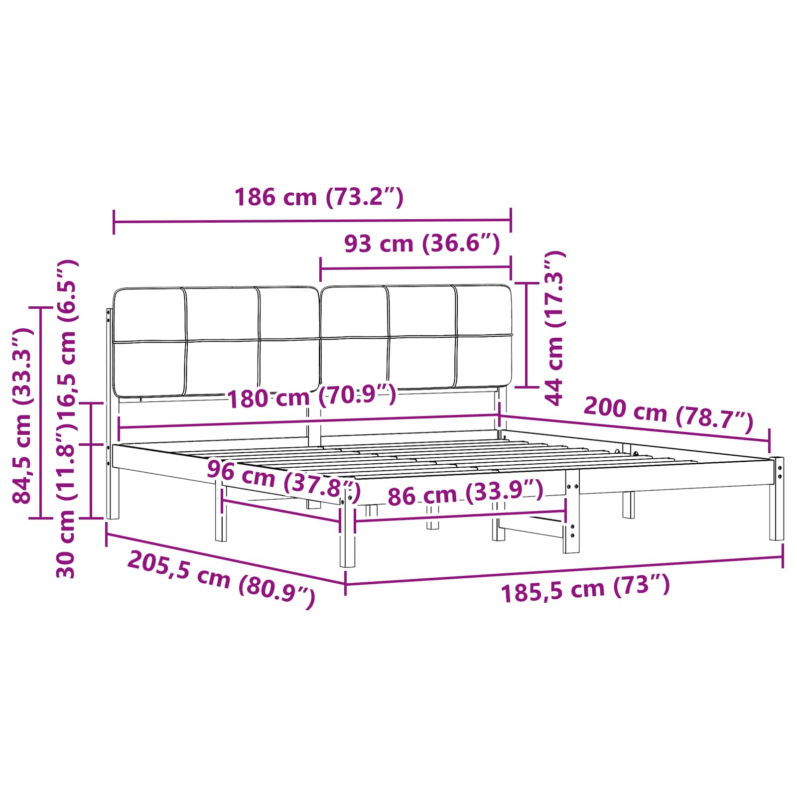 Krevetni okvir s tapiciranim uzglavljem Crna 180 x 200 cm