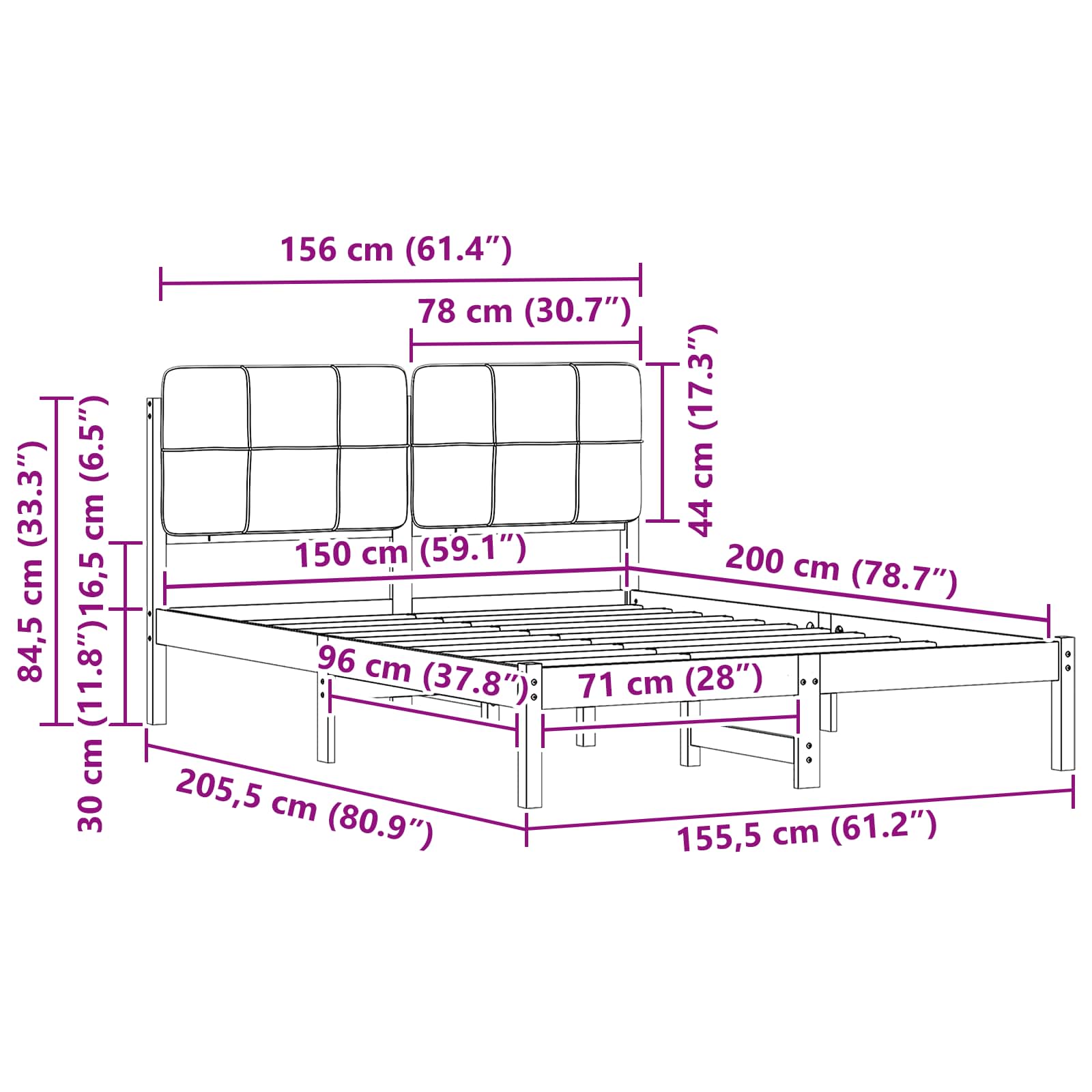 Krevetni okvir s tapiciranim uzglavljem Crna 150 x 200 cm