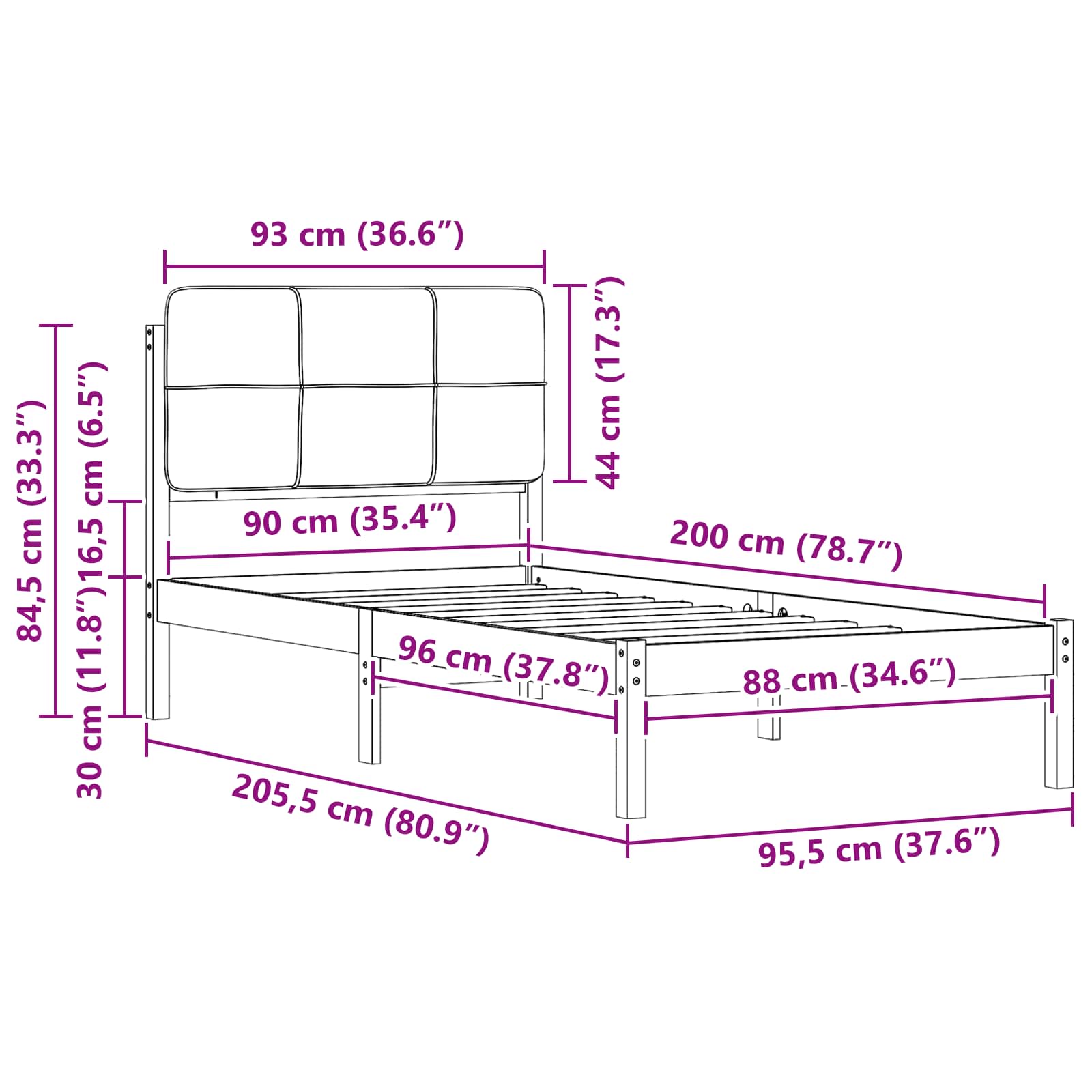 Krevetni okvir s tapiciranim uzglavljem Tamno siva 90 x 200 cm