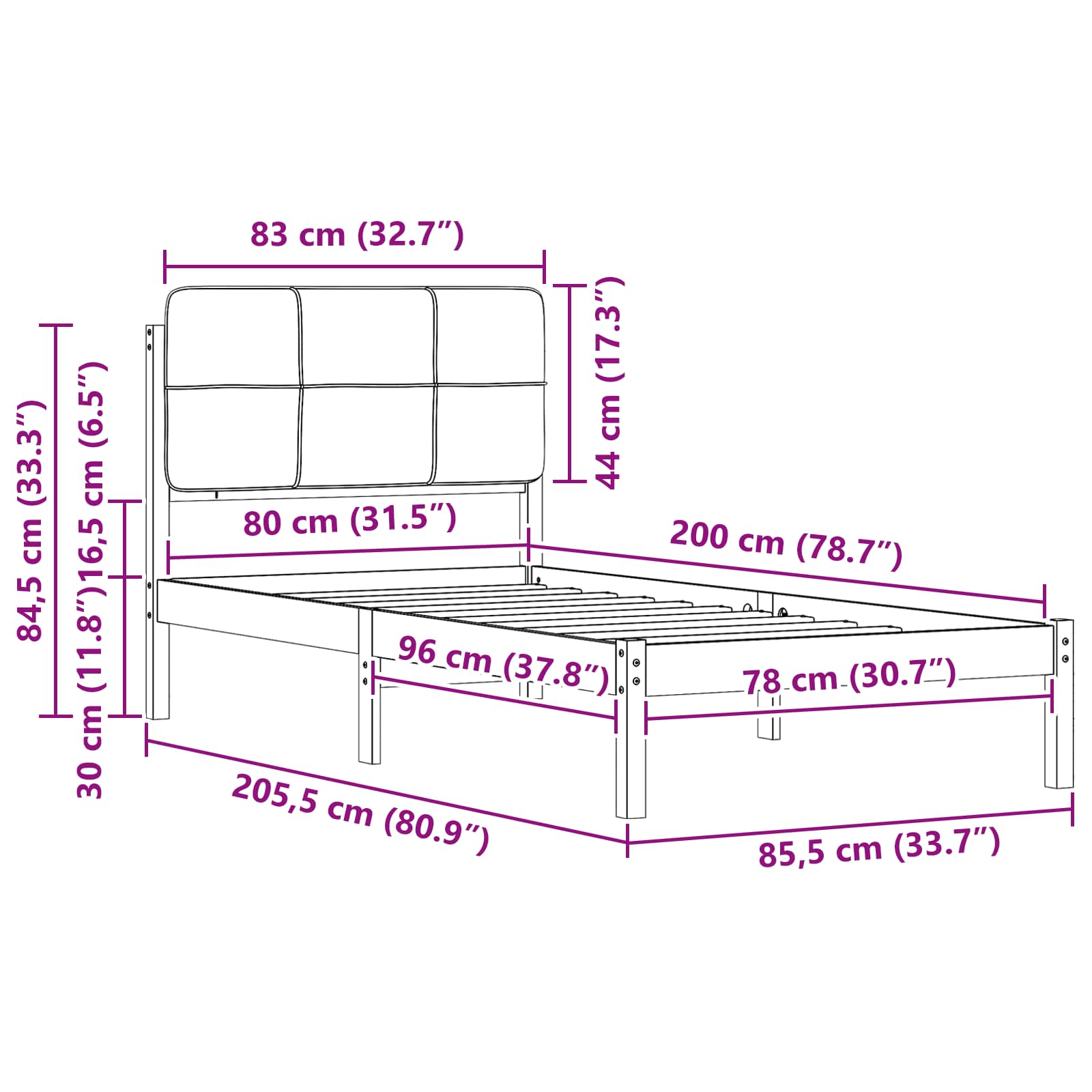 Krevetni okvir s tapiciranim uzglavljem Crna 80 x 200 cm