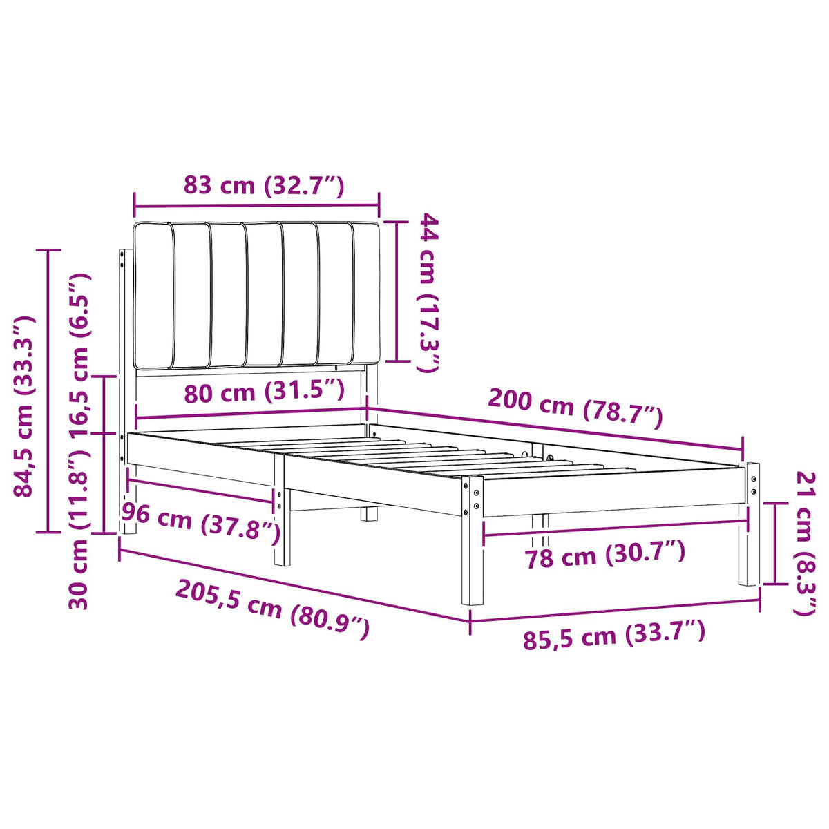 Krevetni okvir s tapiciranim uzglavljem Svijetlo siva Svjetlosiva 205.5 x 85.5 x 84.5 cm