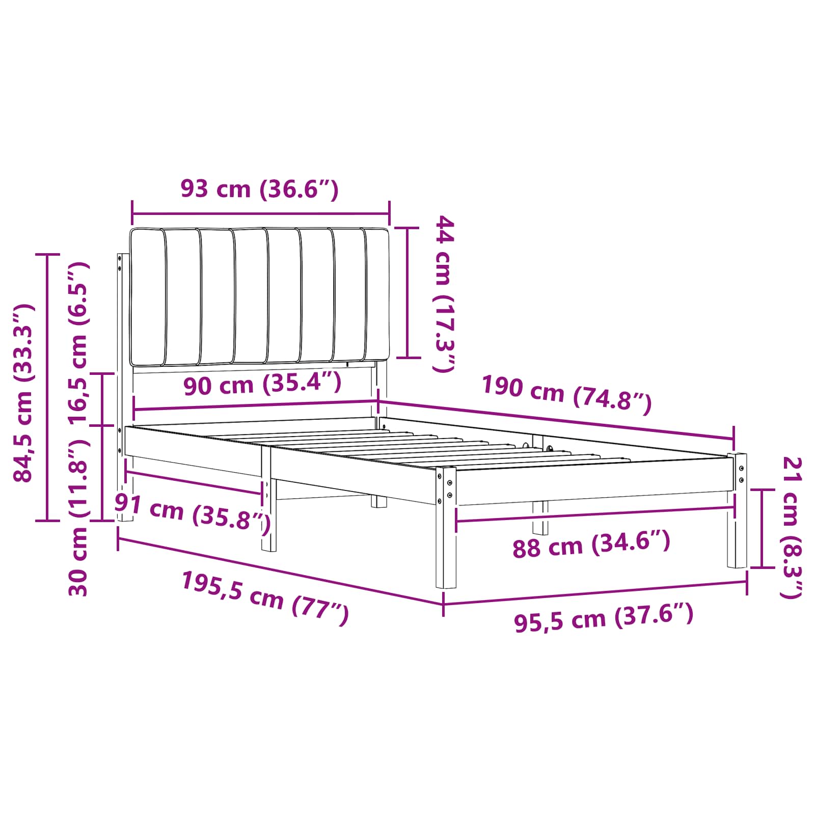 Krevetni okvir s tapiciranim uzglavljem Tamno siva 90 x 190 cm