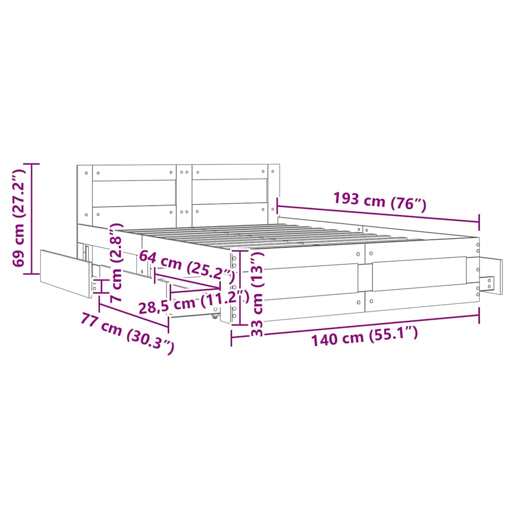 Krevetna konstrukcija s uzglavljem 2 pcs Bijeli 137 x 188 cm