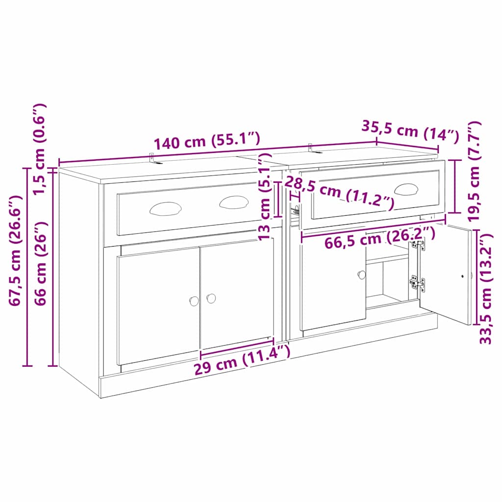 Komode 2 pcs Crni hrast 70 x 35,5 x 67,5 cm Konstruirano drvo