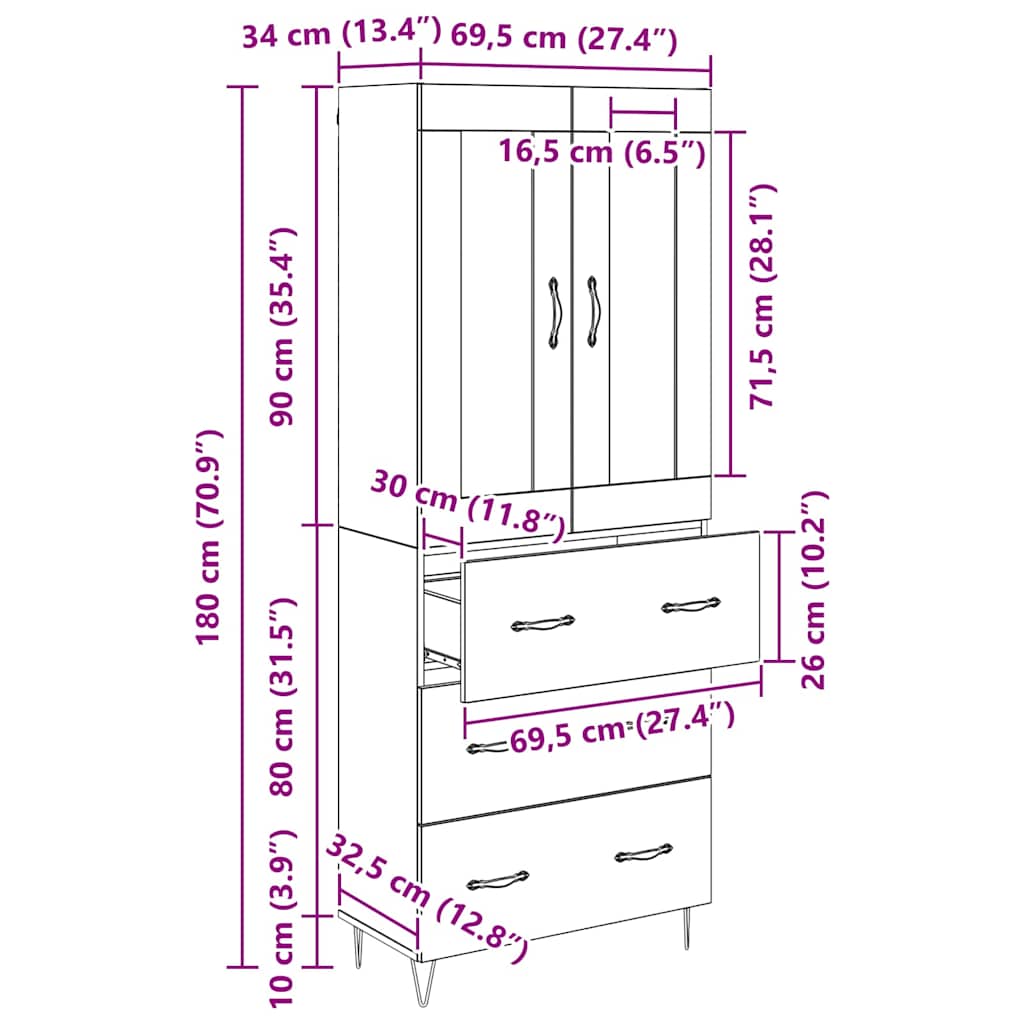 Highboard Umjetnički hrast 69,5 x 34 x 90 cm Konstruirano drvo