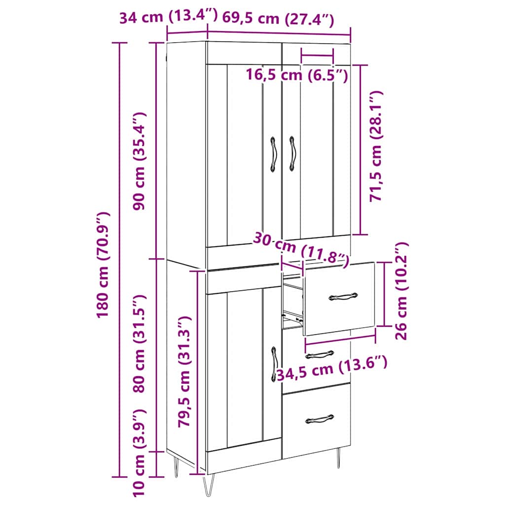 Highboard Crni hrast 69,5 x 34 x 90 cm Konstruirano drvo