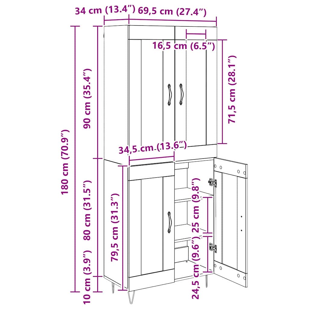 Highboard Crni hrast 69,5 x 34 x 90 cm Konstruirano drvo