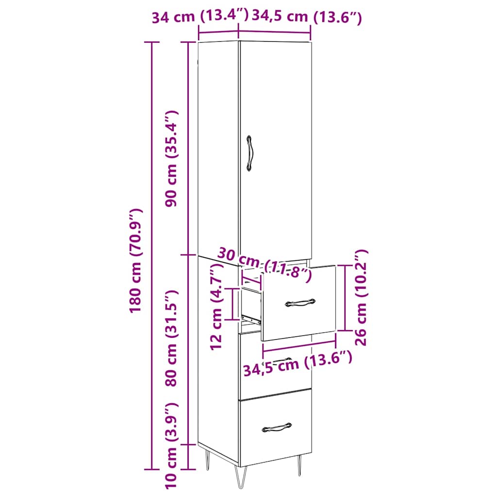 Highboard Umjetnički hrast 34,5 x 34 x 90 cm Konstruirano drvo