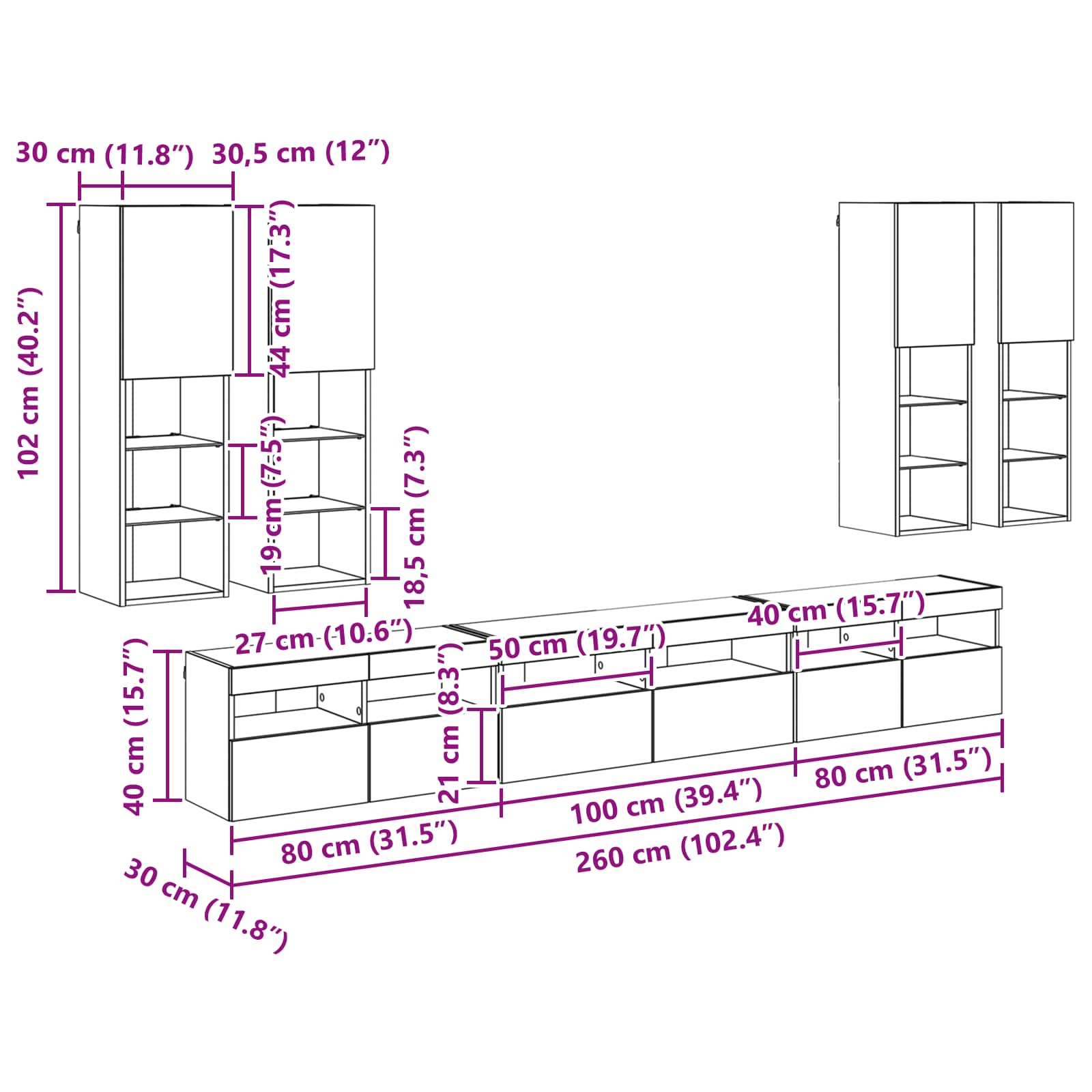 Set zidnog ormarića za TV S LED lampica 7 pcs Umjetnički hrast