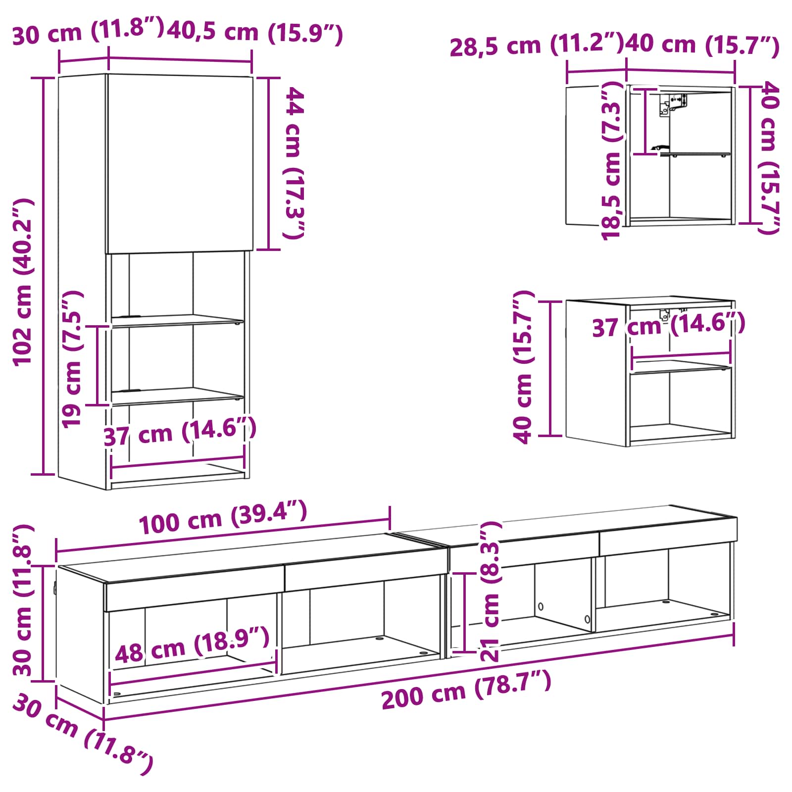 TV zidne jedinice s LED-om 5 pcs Crni hrast Konstruirano drvo
