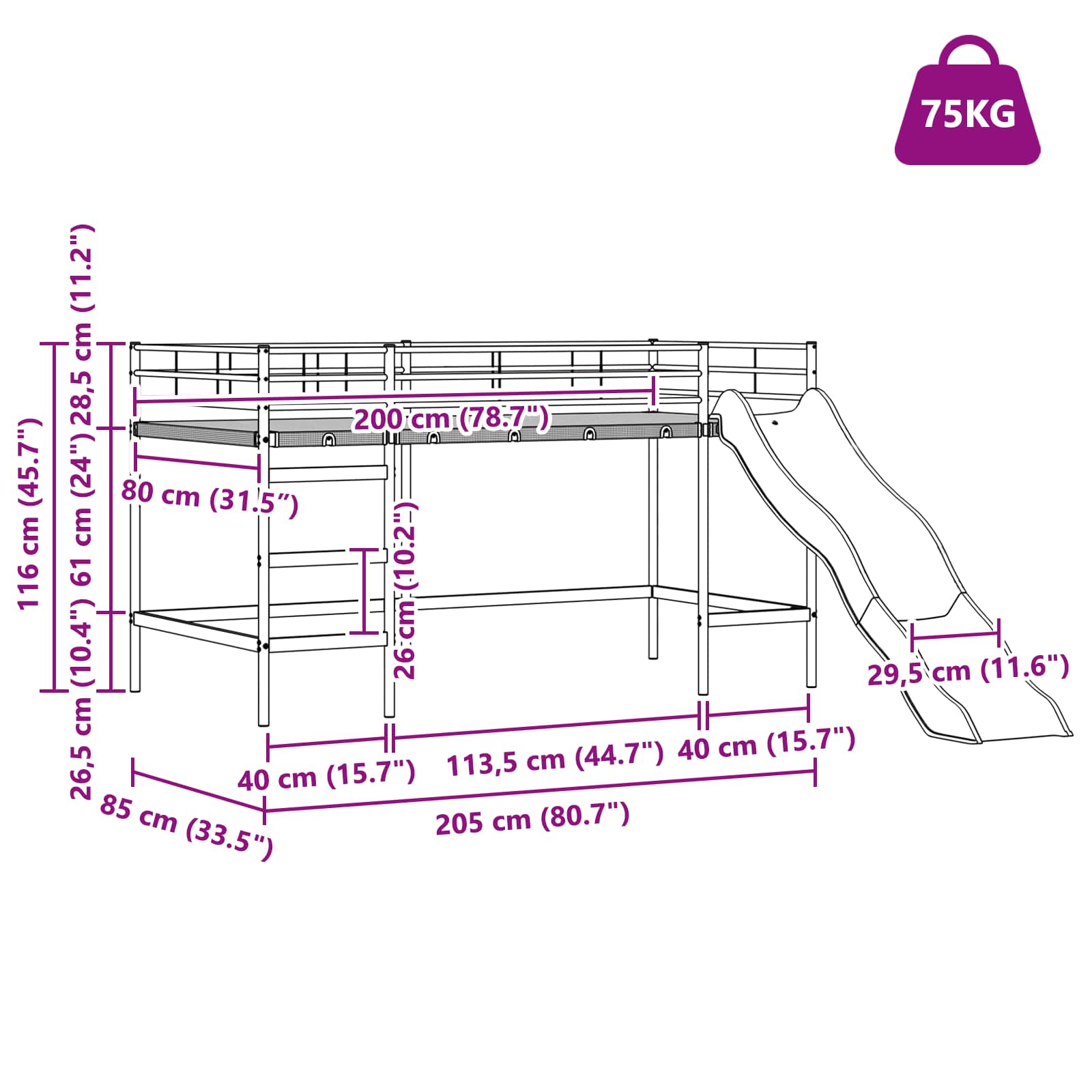 Krevet na kat za djecu s toboganom Crna i antracit 80 x 200 cm