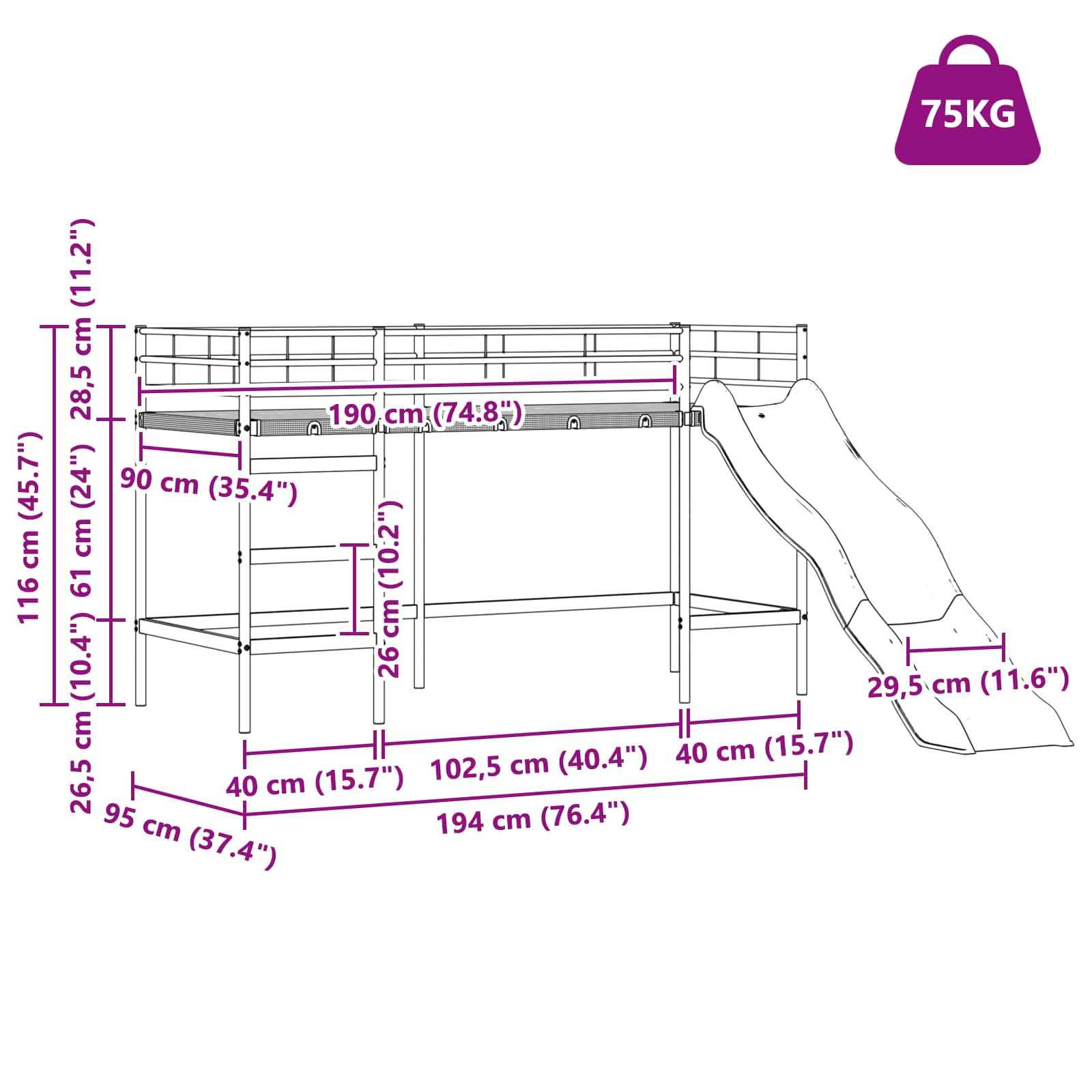 Krevet na kat za djecu s toboganom Crna i antracit 90 x 190 cm