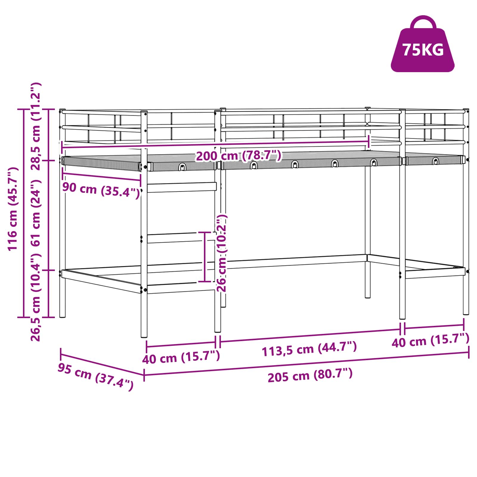 Krevet na kat za djecu s zavjesama Crna 90 x 200 cm