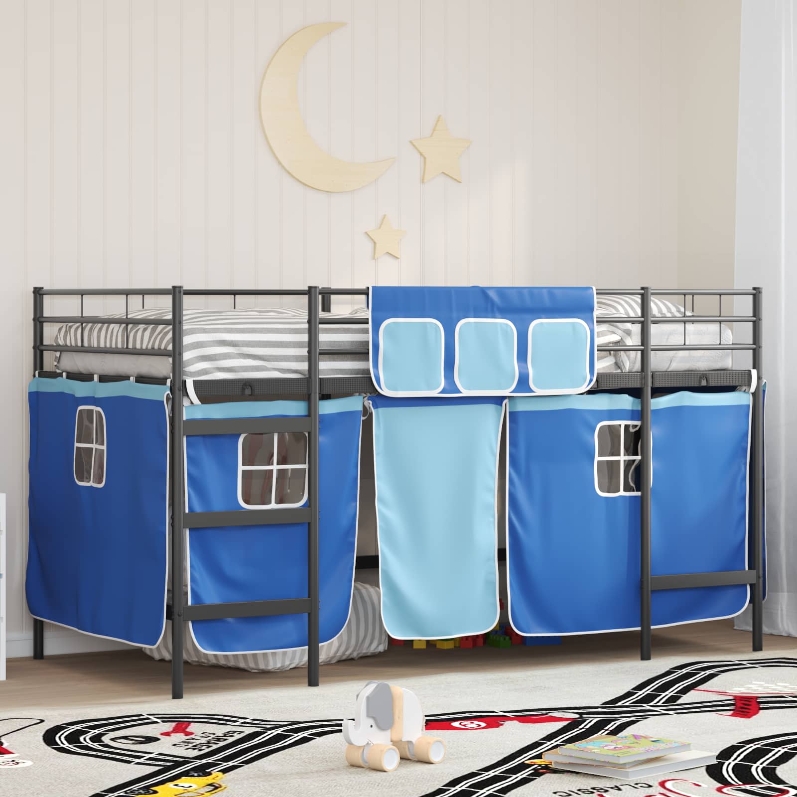 Krevet na kat za djecu s zavjesama Crna i Plava 80 x 200 cm