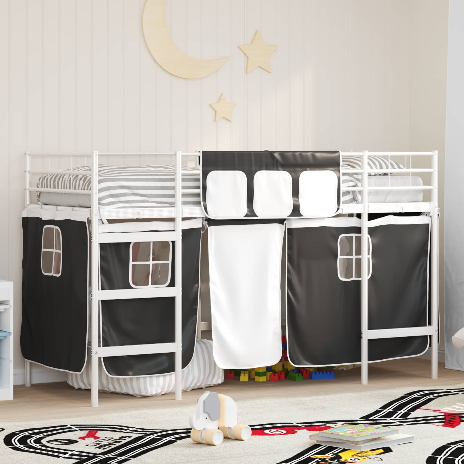 Krevet na kat za djecu s zavjesama Bijela i crna 75 x 190 cm