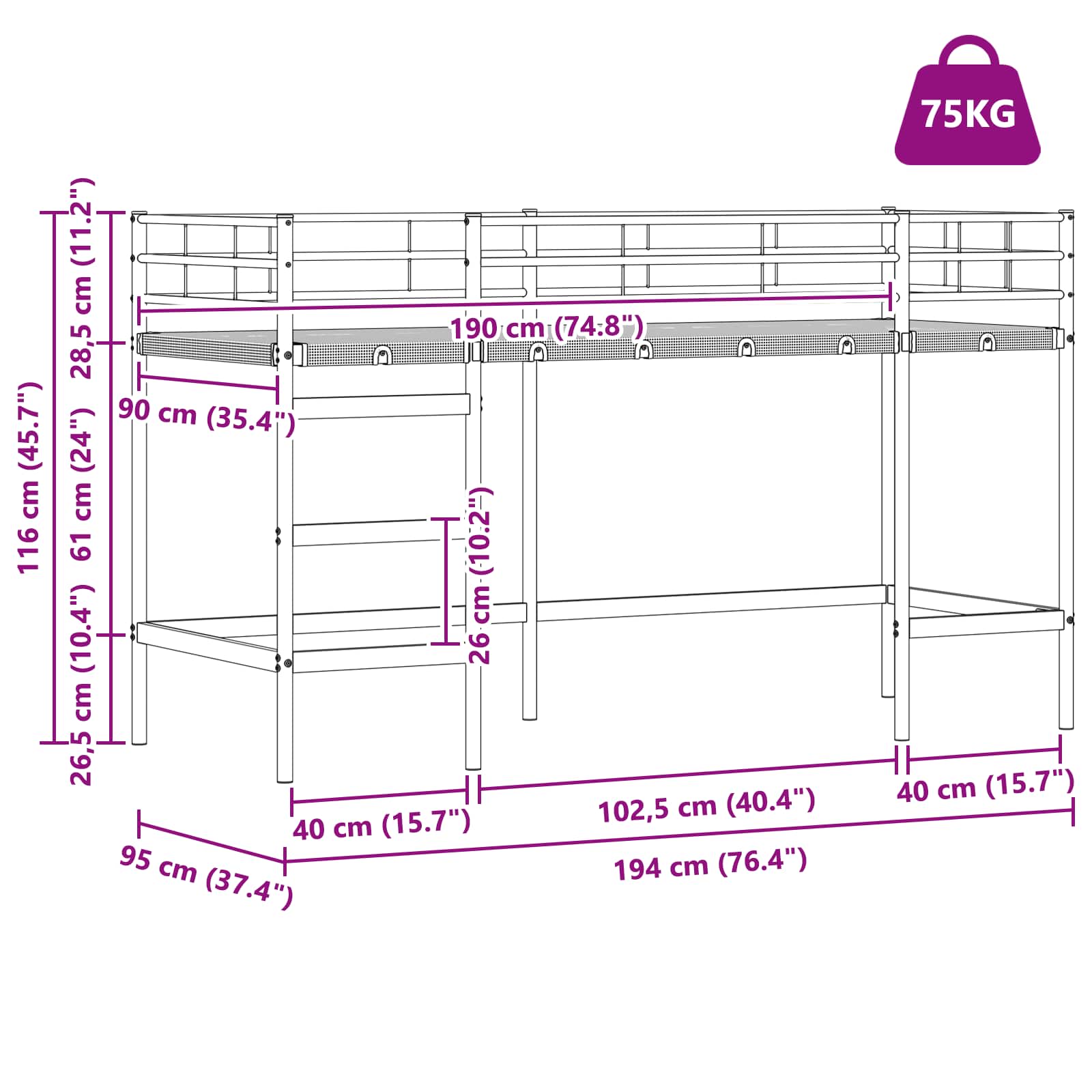 Krevet na kat za djecu s zavjesama Bijela i crna 90 x 190 cm