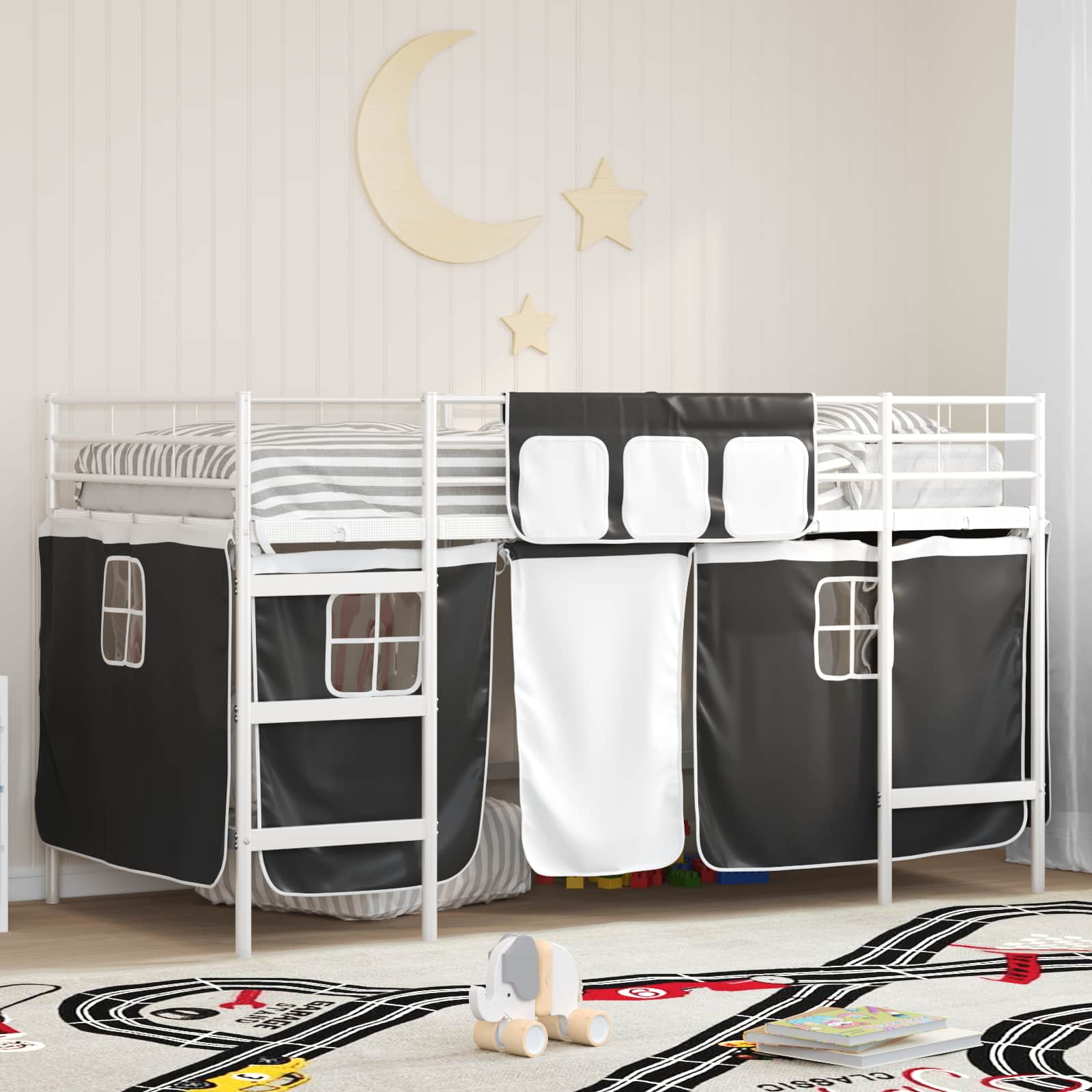 Krevet na kat za djecu s zavjesama Bijela i crna 107 x 200 cm