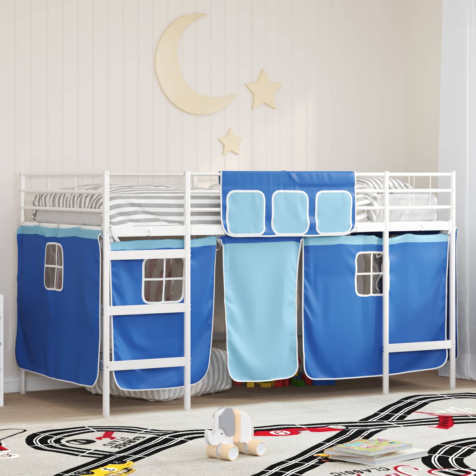 Krevet na kat za djecu s zavjesama Bijela i Plava 80 x 200 cm