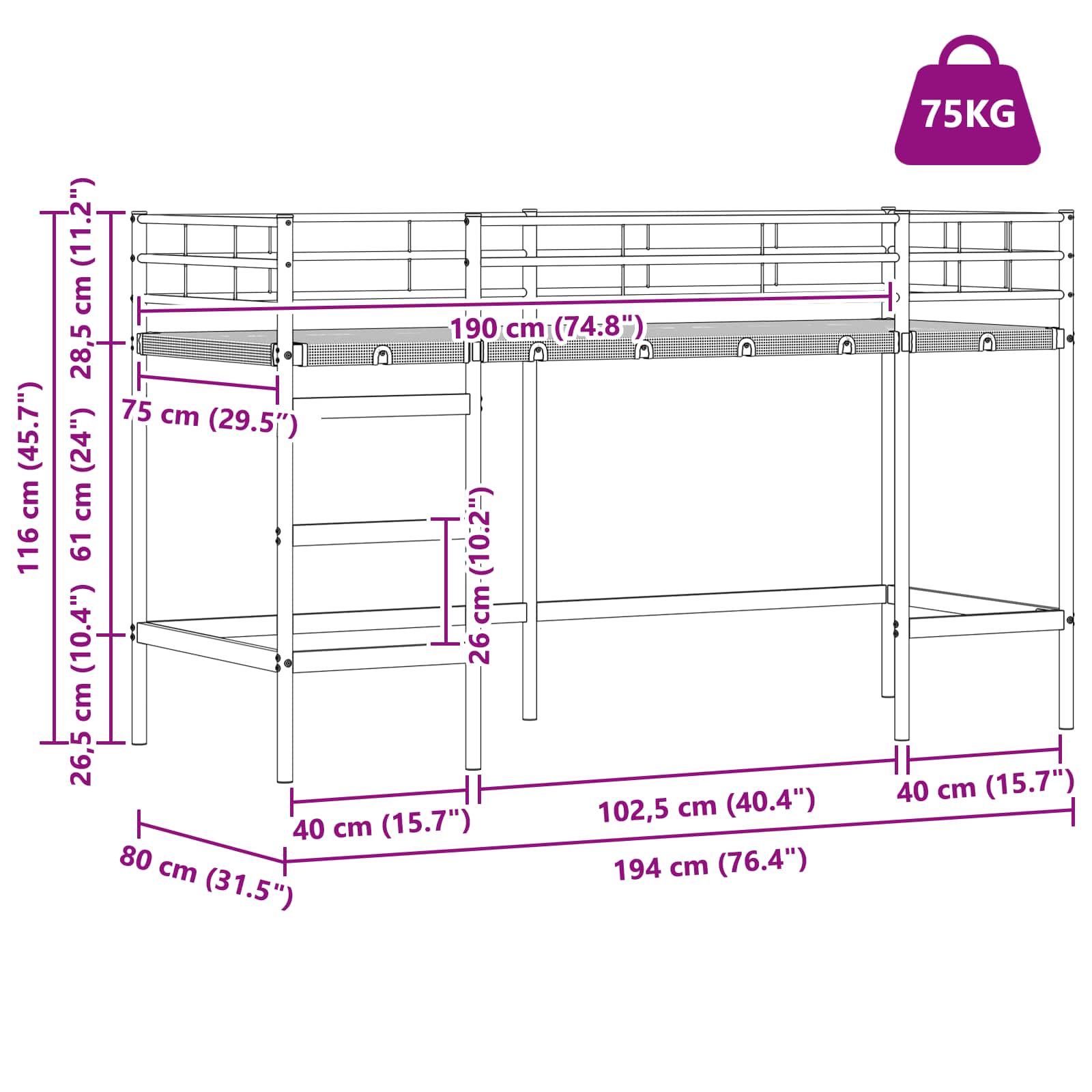 Okvir Krevet za Dječji Loft Crna i Plava 75 x 190 cm Metal