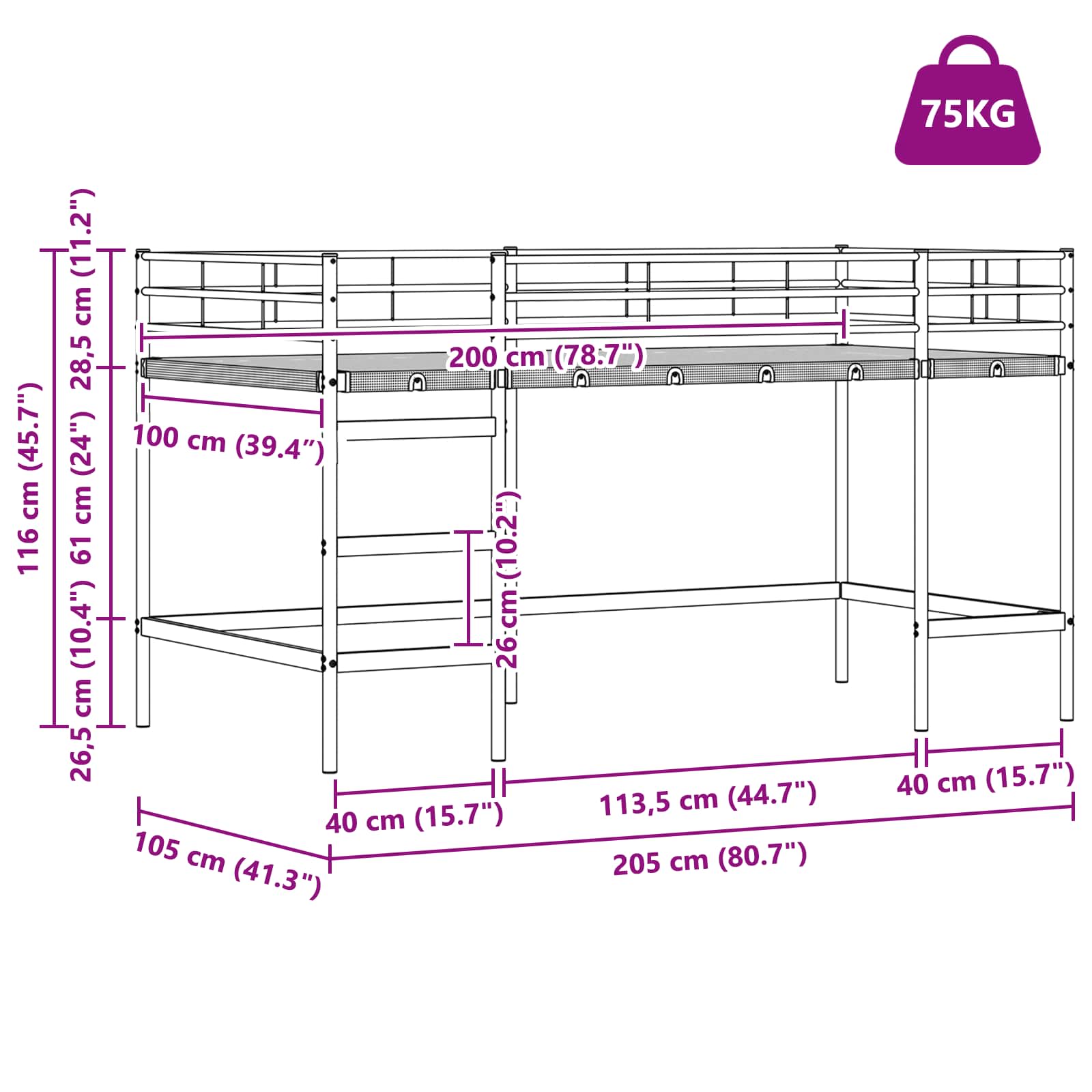 Okvir Krevet za Dječji Loft Bijela i roza 100 x 200 cm Metal