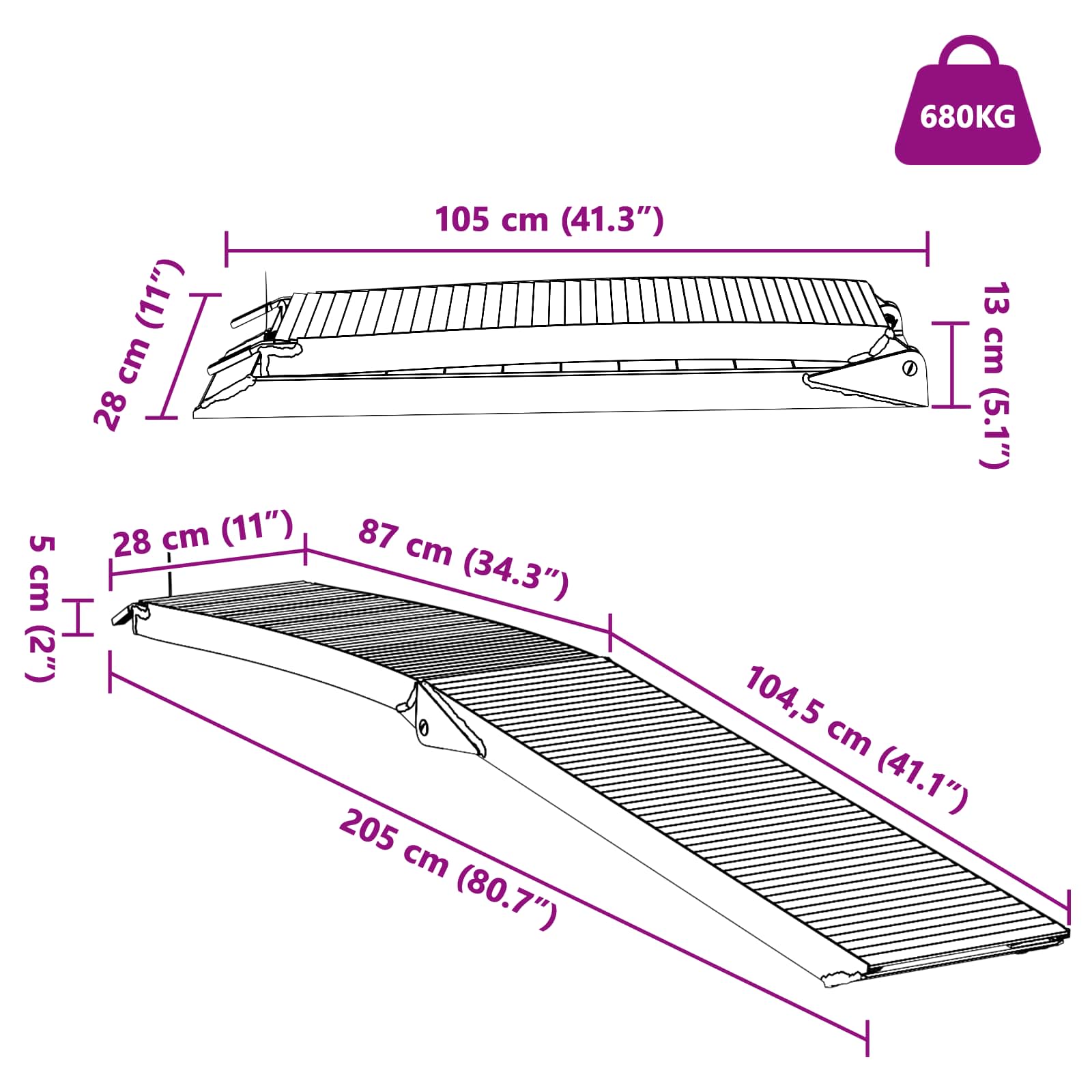 Rampa za motocikle 680 kg 2 pcs Srebrno 205 x 28 x 5 cm