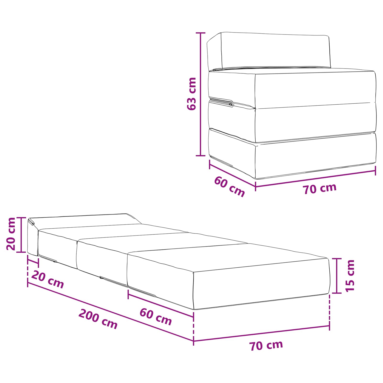 Sofa na razvlačenje Crna 200 x 70 x 15 cm Tkanina