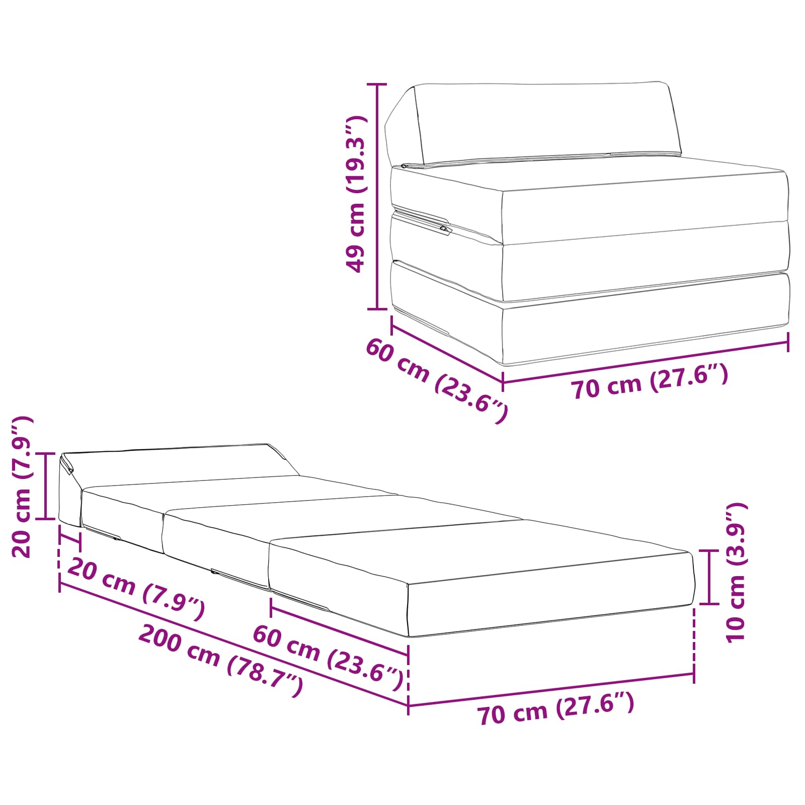 Sofa na razvlačenje Svjetlosiva 200 x 70 x 10 cm Tkanina