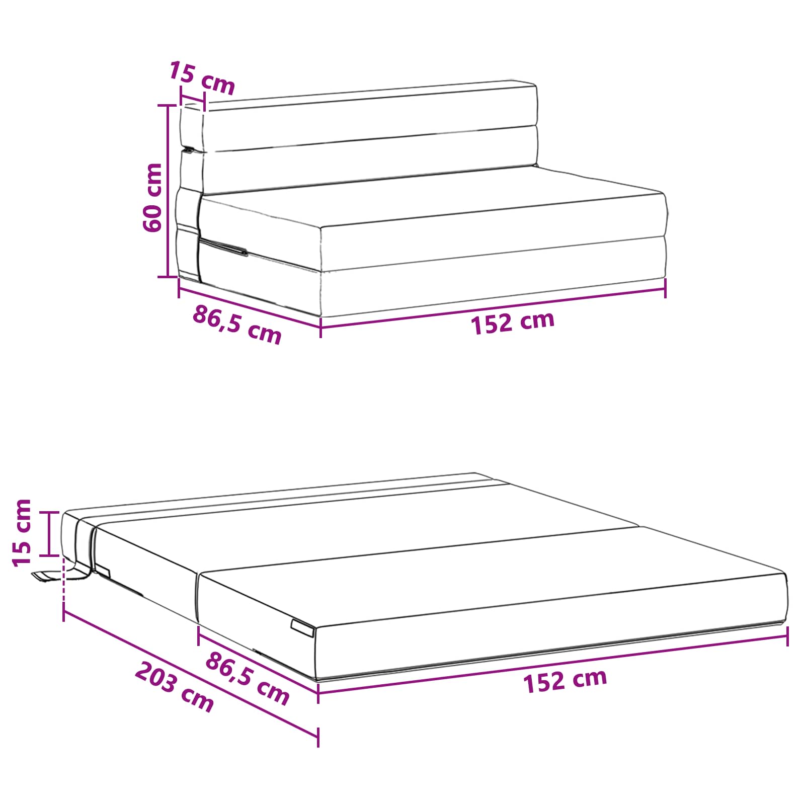 Preklopni madrac za sofu Tamnosiva 152 x 86,5 x 60 cm Tkanina