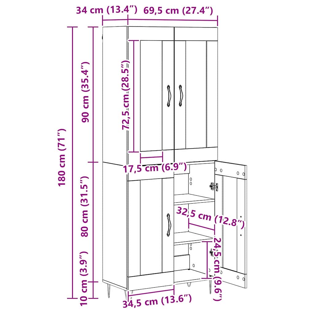 Highboard Staro drvo 69,5 x 34 x 180 cm Konstruirano drvo