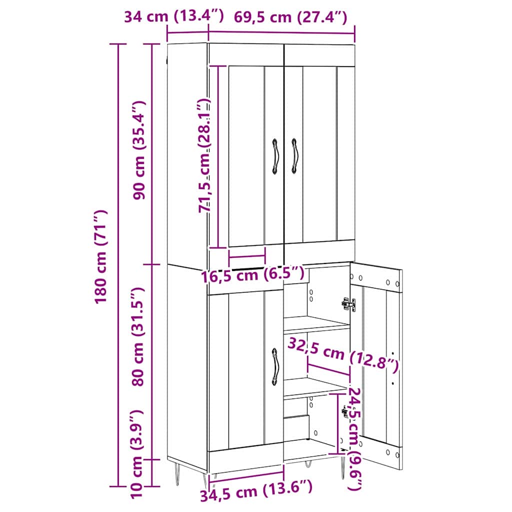 Highboard Staro drvo 69,5 x 34 x 180 cm Konstruirano drvo