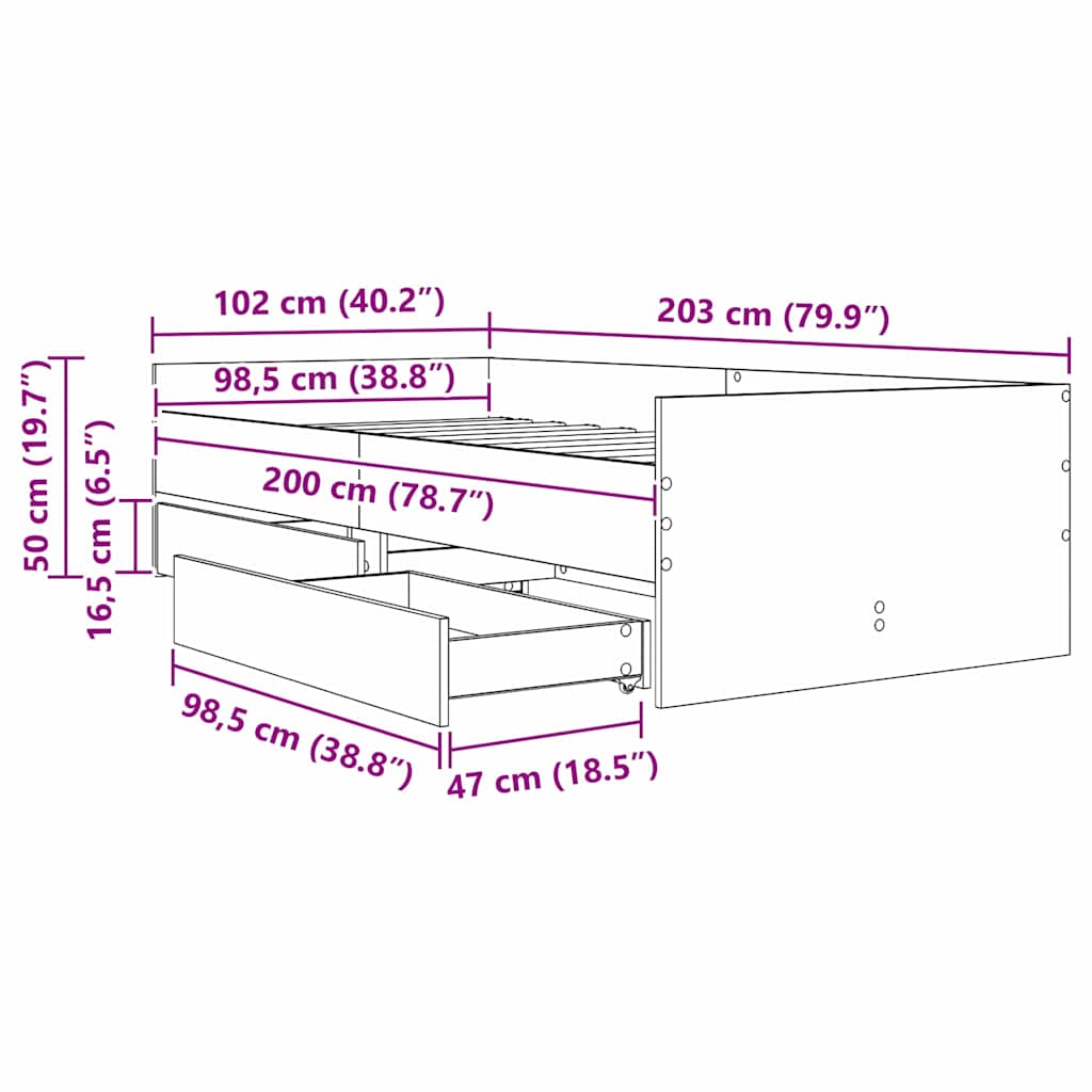 Krevetna konstrukcija s ladicama Umjetnički hrast 100 x 200 cm
