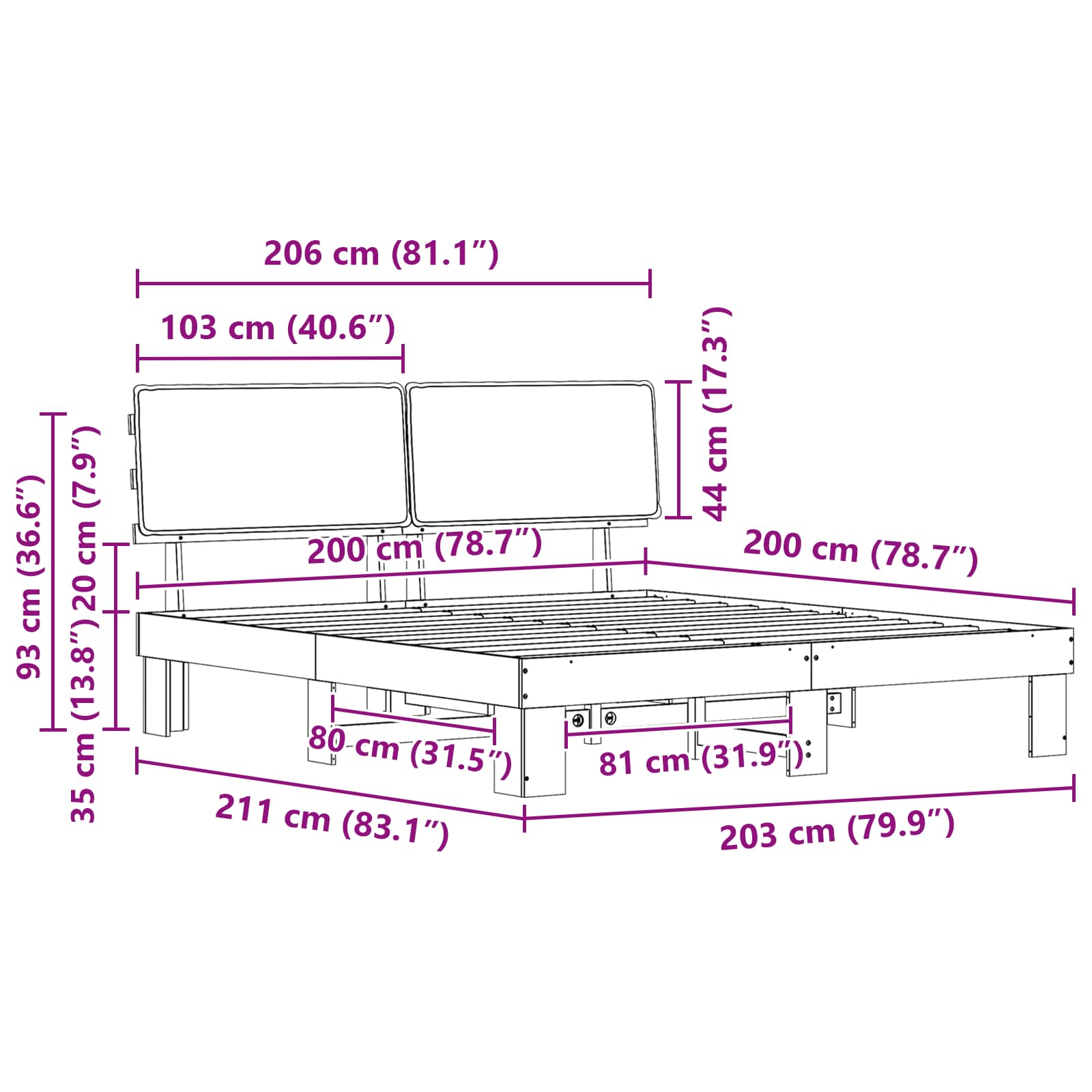 Krevetni okvir s tapiciranim uzglavljem Tamno siva 200 x 200 cm
