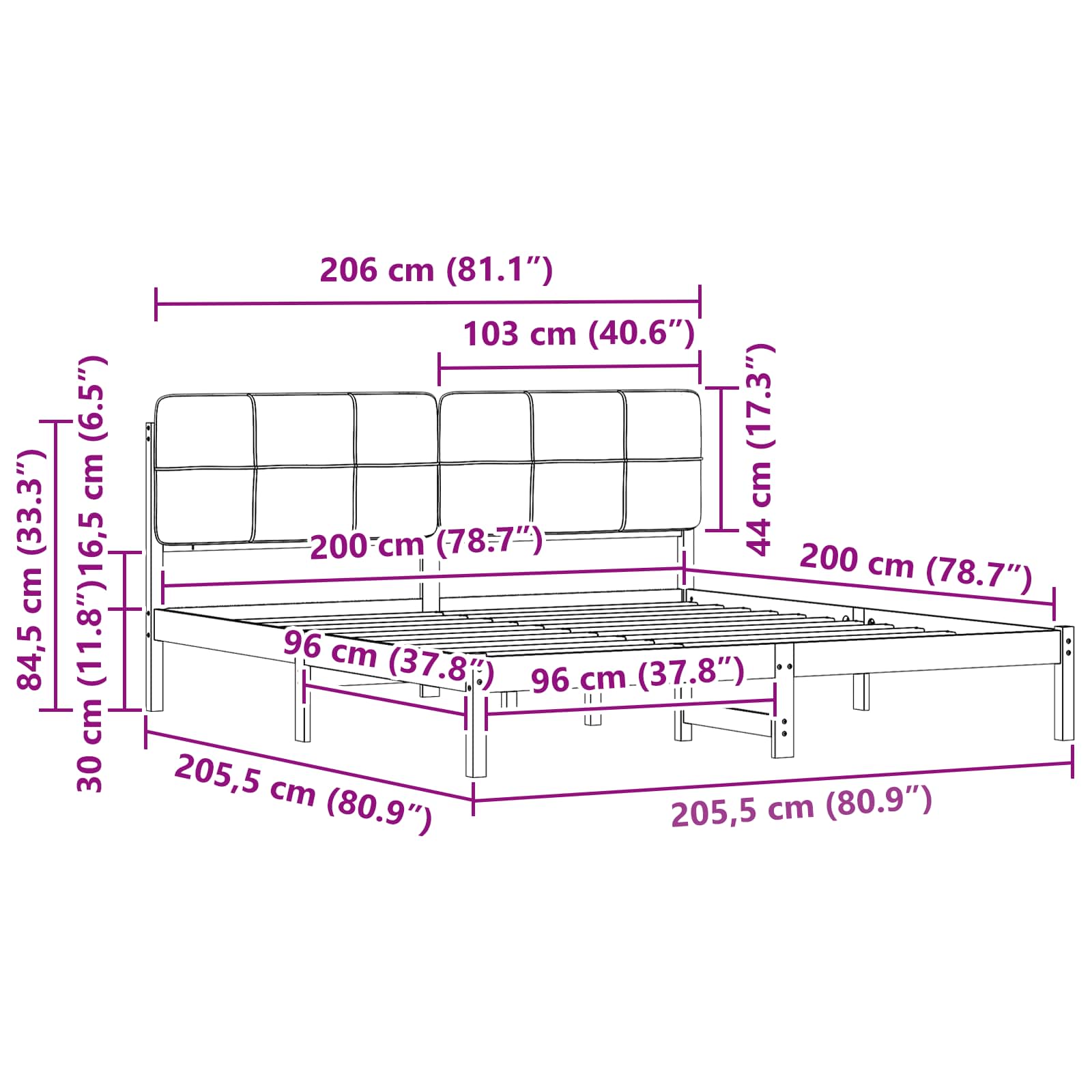 Krevetni okvir s tapiciranim uzglavljem Crna 200 x 200 cm