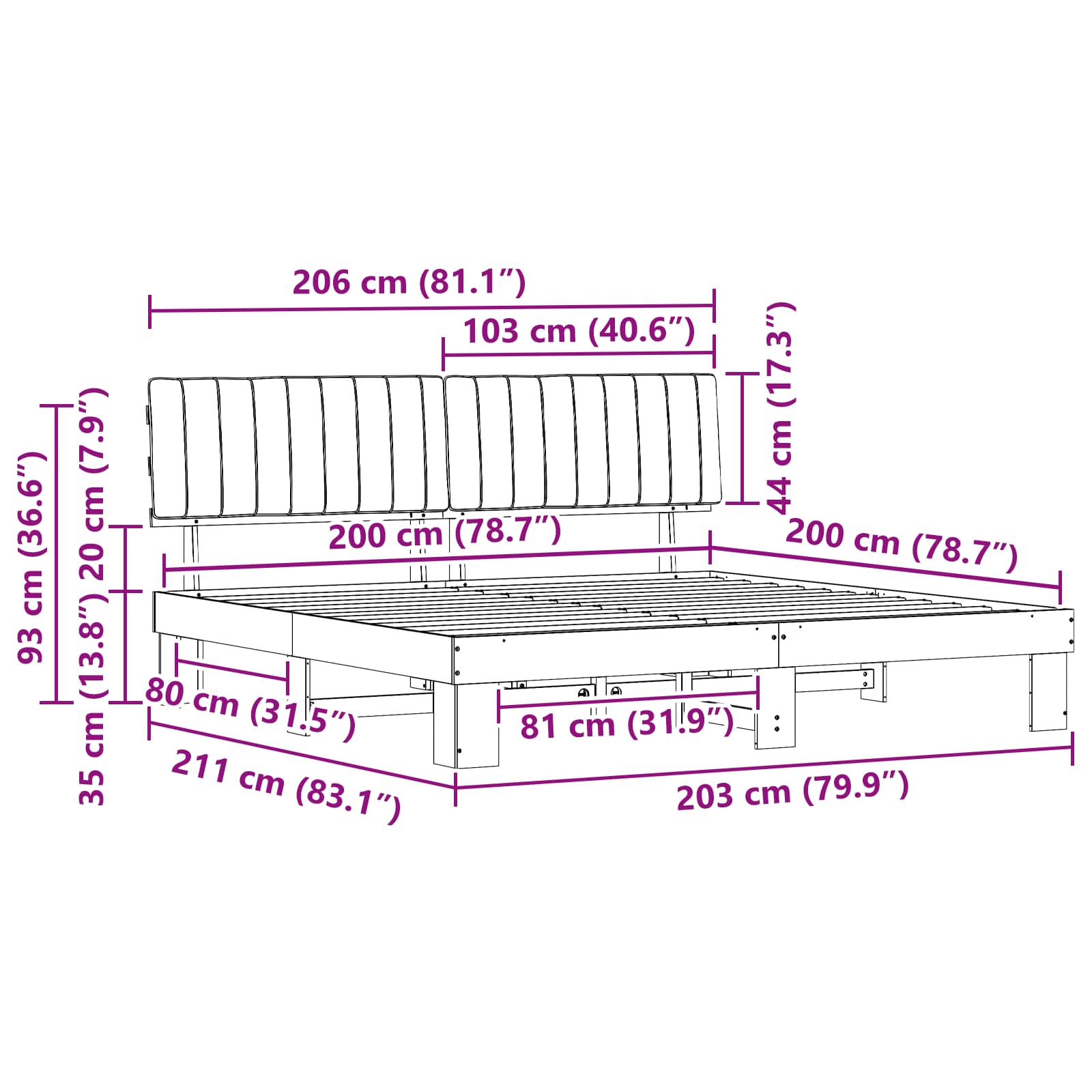 Krevetni okvir s tapiciranim uzglavljem Crna 200 x 200 cm