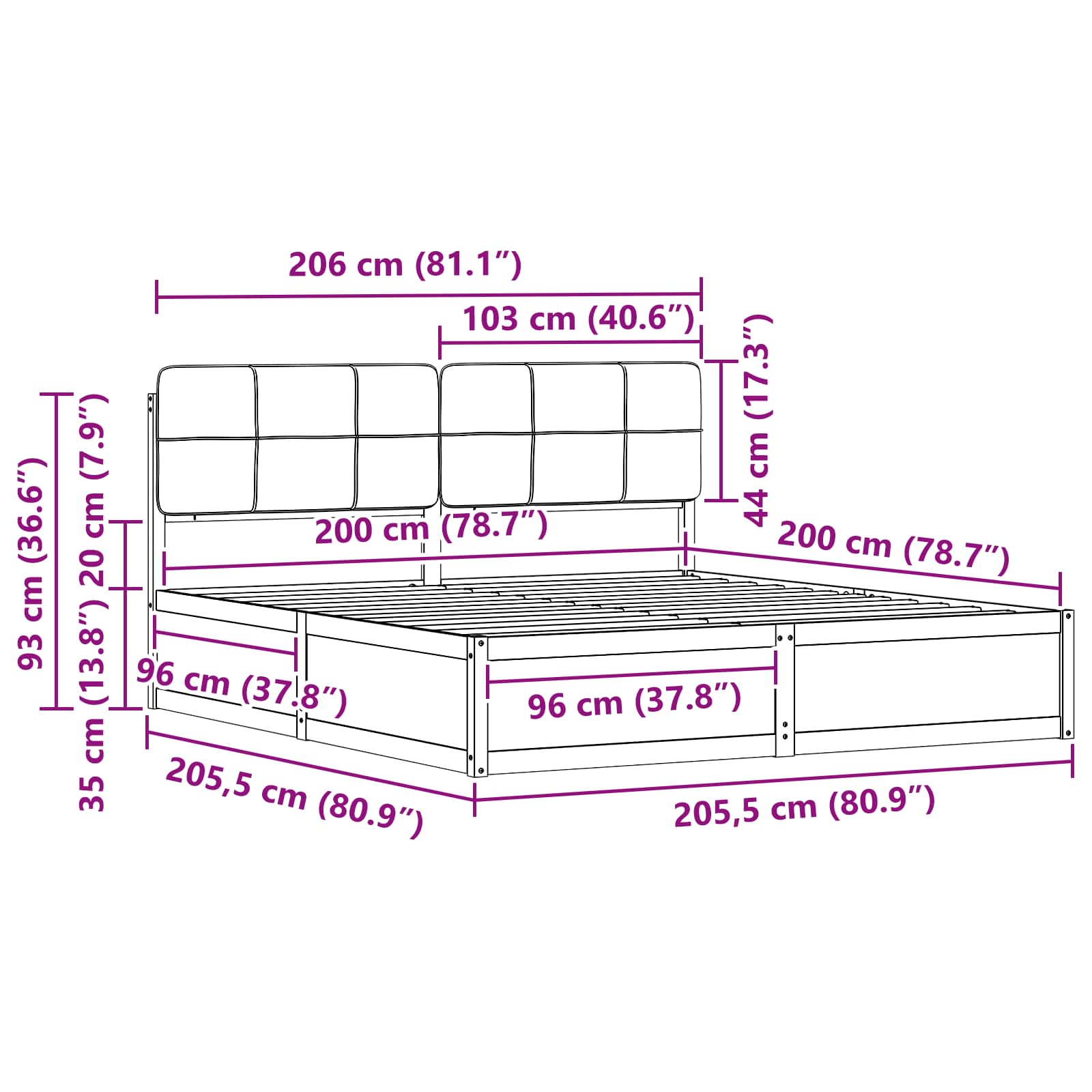 Krevetni okvir s tapiciranim uzglavljem Crna 200 x 200 cm