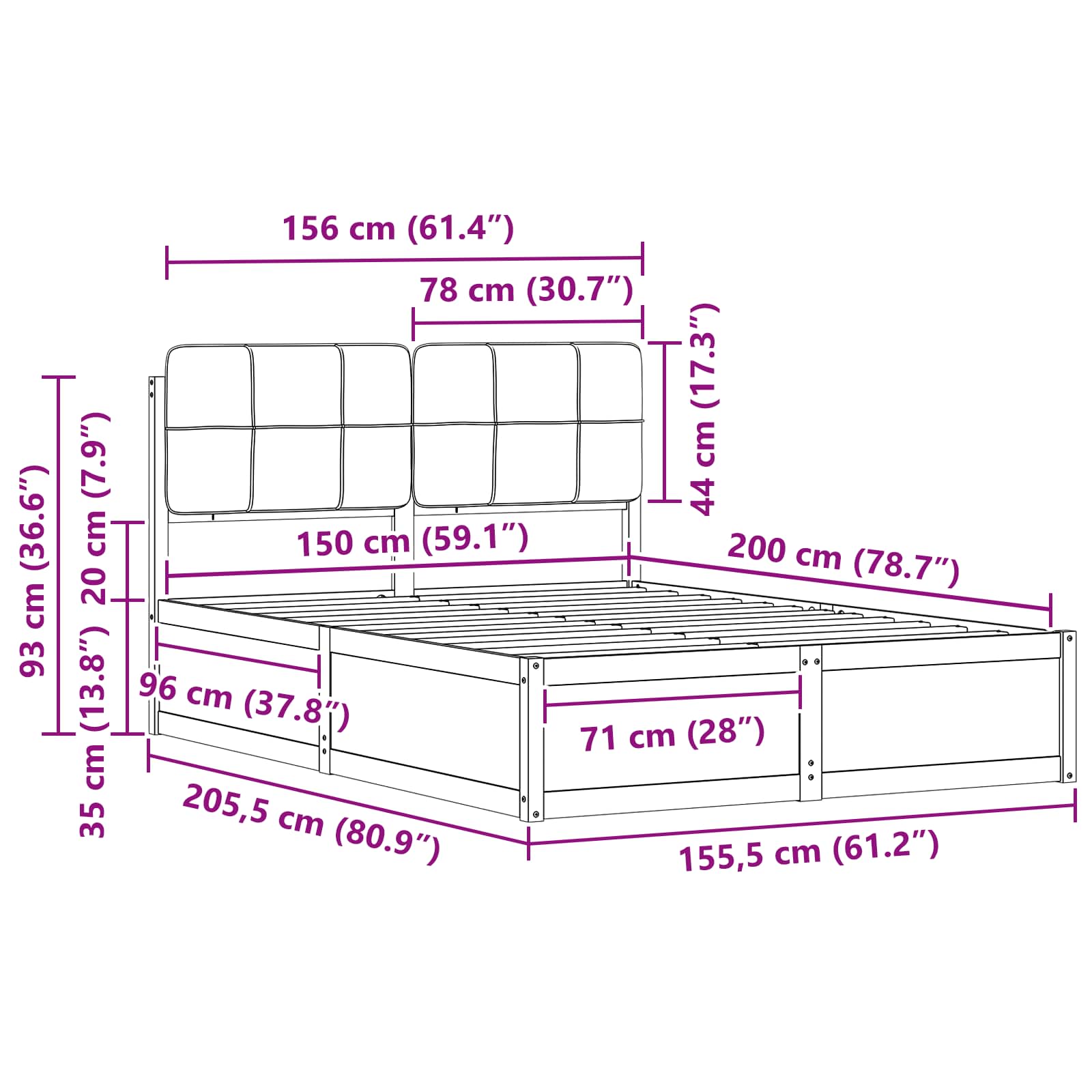 Krevetni okvir s tapiciranim uzglavljem Crna 150 x 200 cm