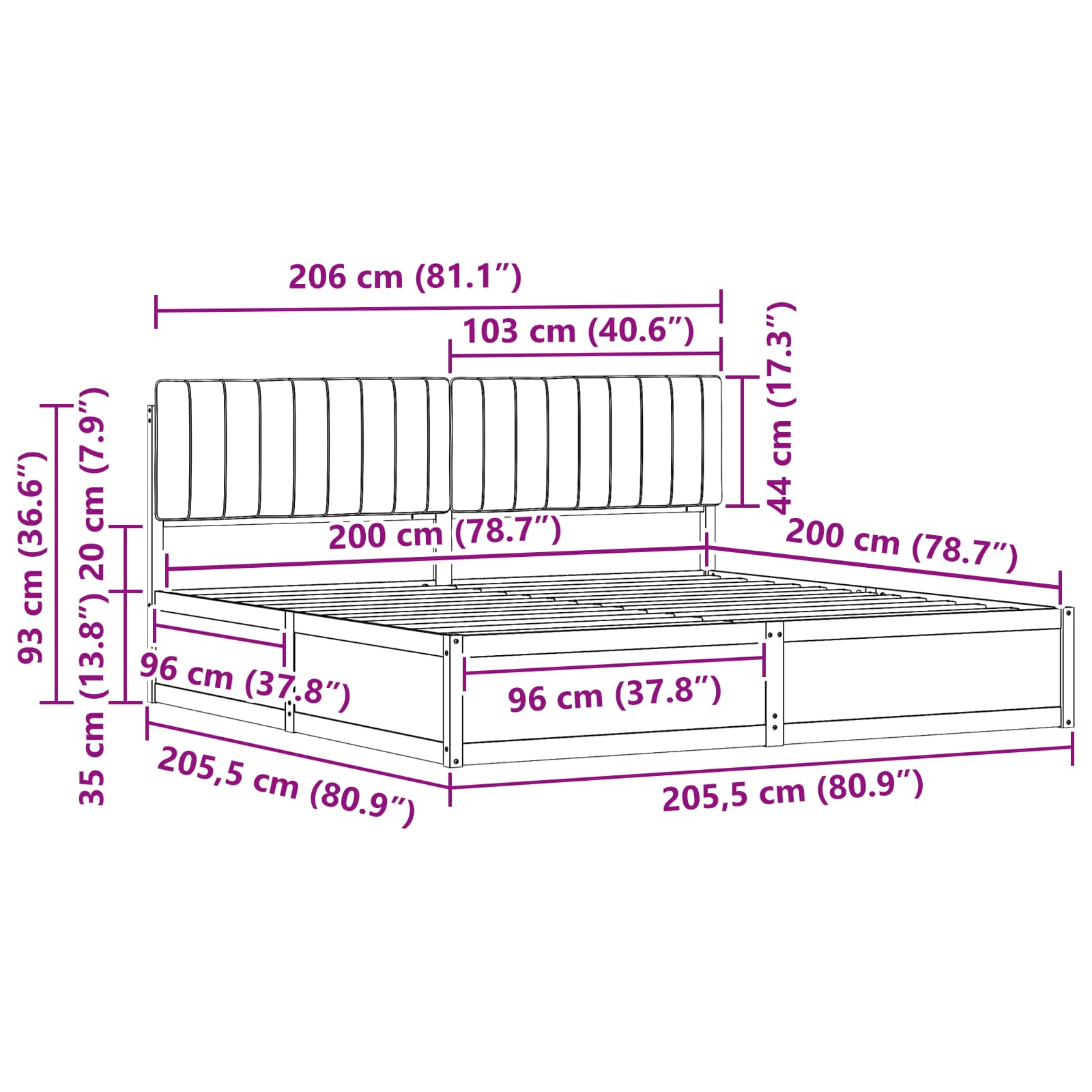 Krevetni okvir s tapiciranim uzglavljem Tamno siva 200 x 200 cm