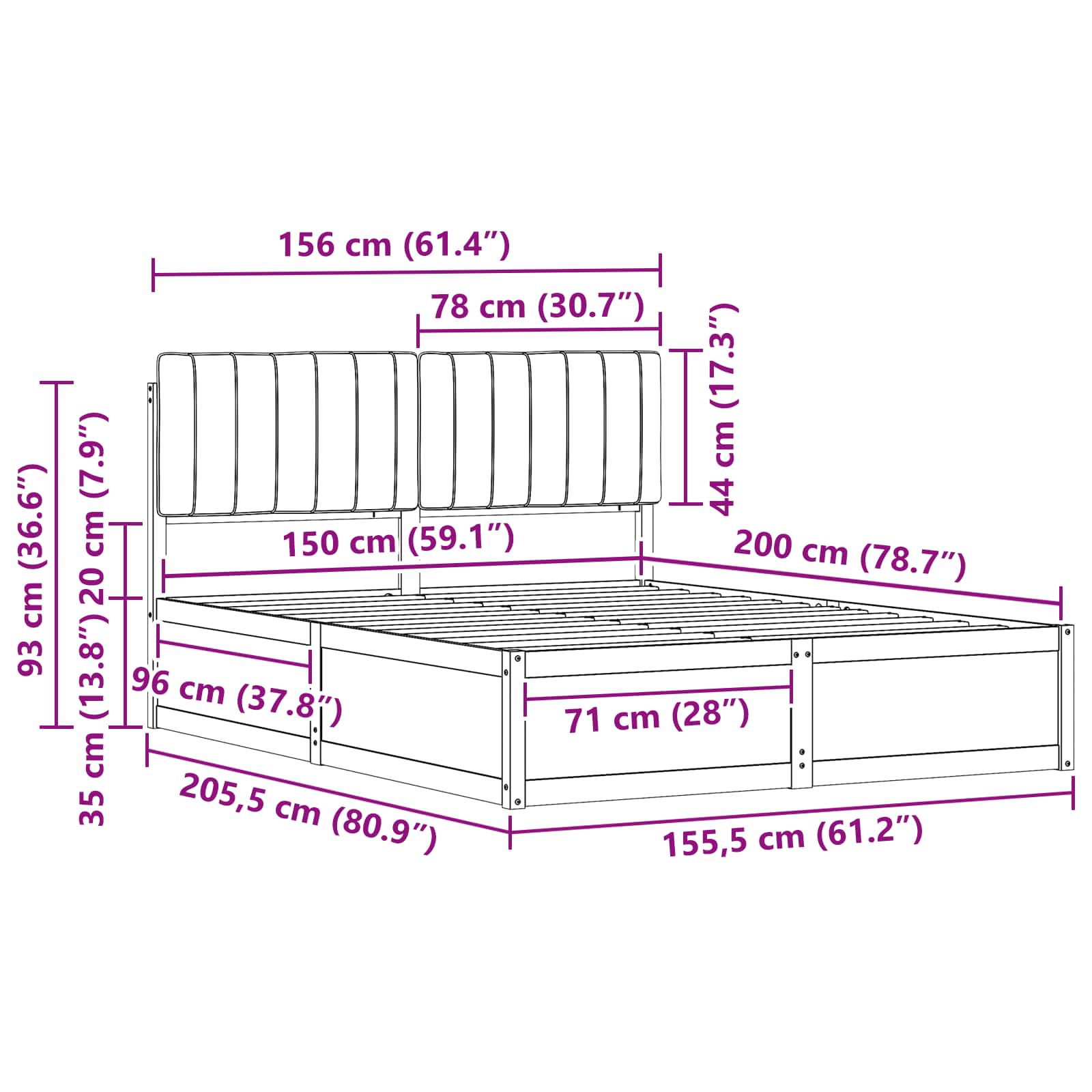 Krevetni okvir s tapiciranim uzglavljem Tamno siva 150 x 200 cm