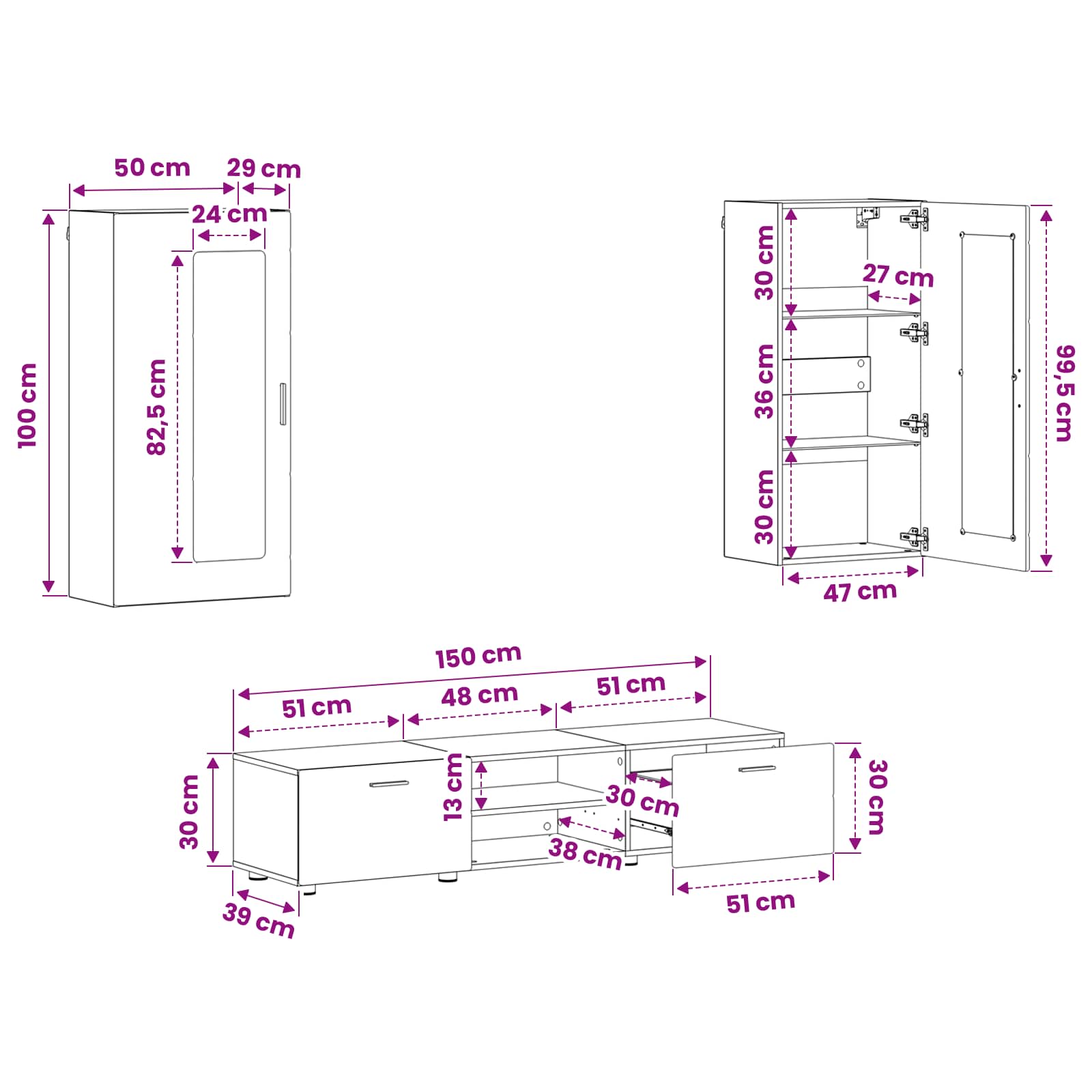 Set TV komoda FLORIN 3 pcs Umjetnički hrast Konstruirano drvo