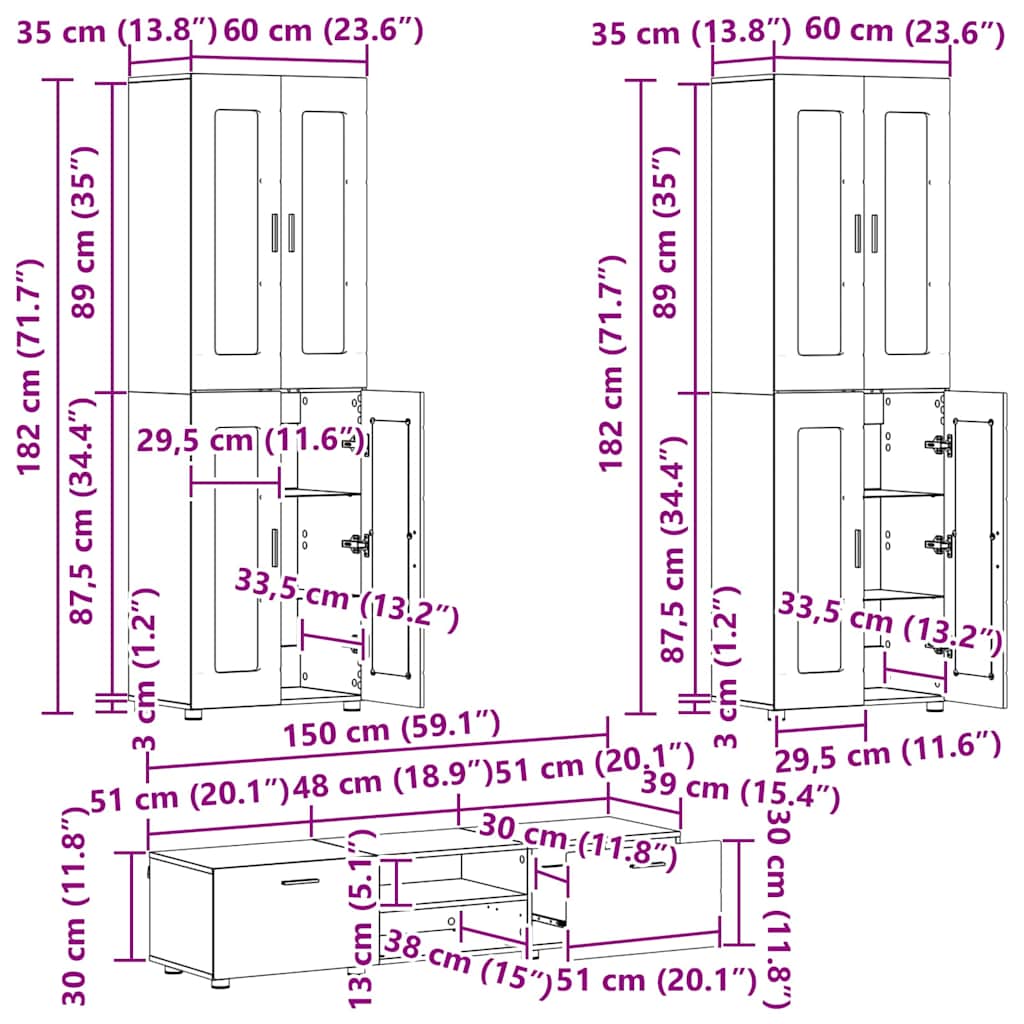 Set TV komoda s ladicama FLORIN 3 pcs Bijelo Konstruirano drvo