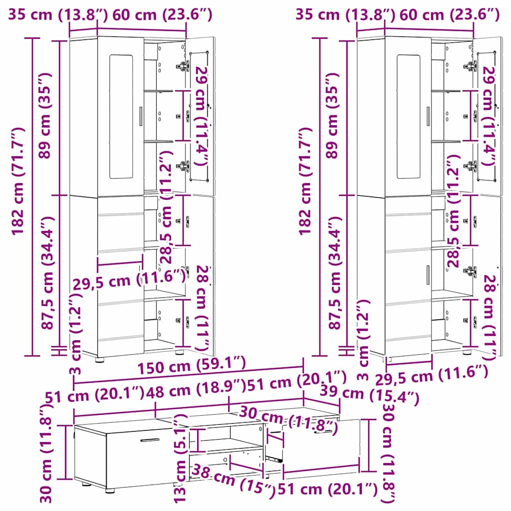 Set TV komoda FLORIN 3 pcs Staro drvo Konstruirano drvo