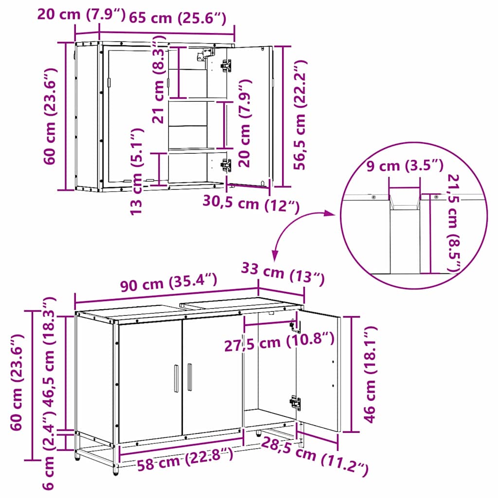 Set namještaja za kupaonicu 3 kom. Crni hrast 90 x 33 x 60 cm