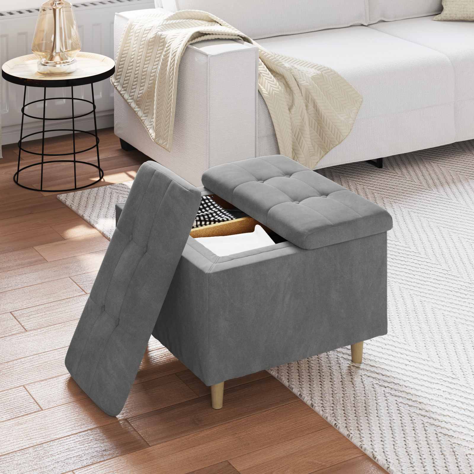 Otoman za pohranu s jastukom Tamno siva 60 x 60 x 45 cm Baršun