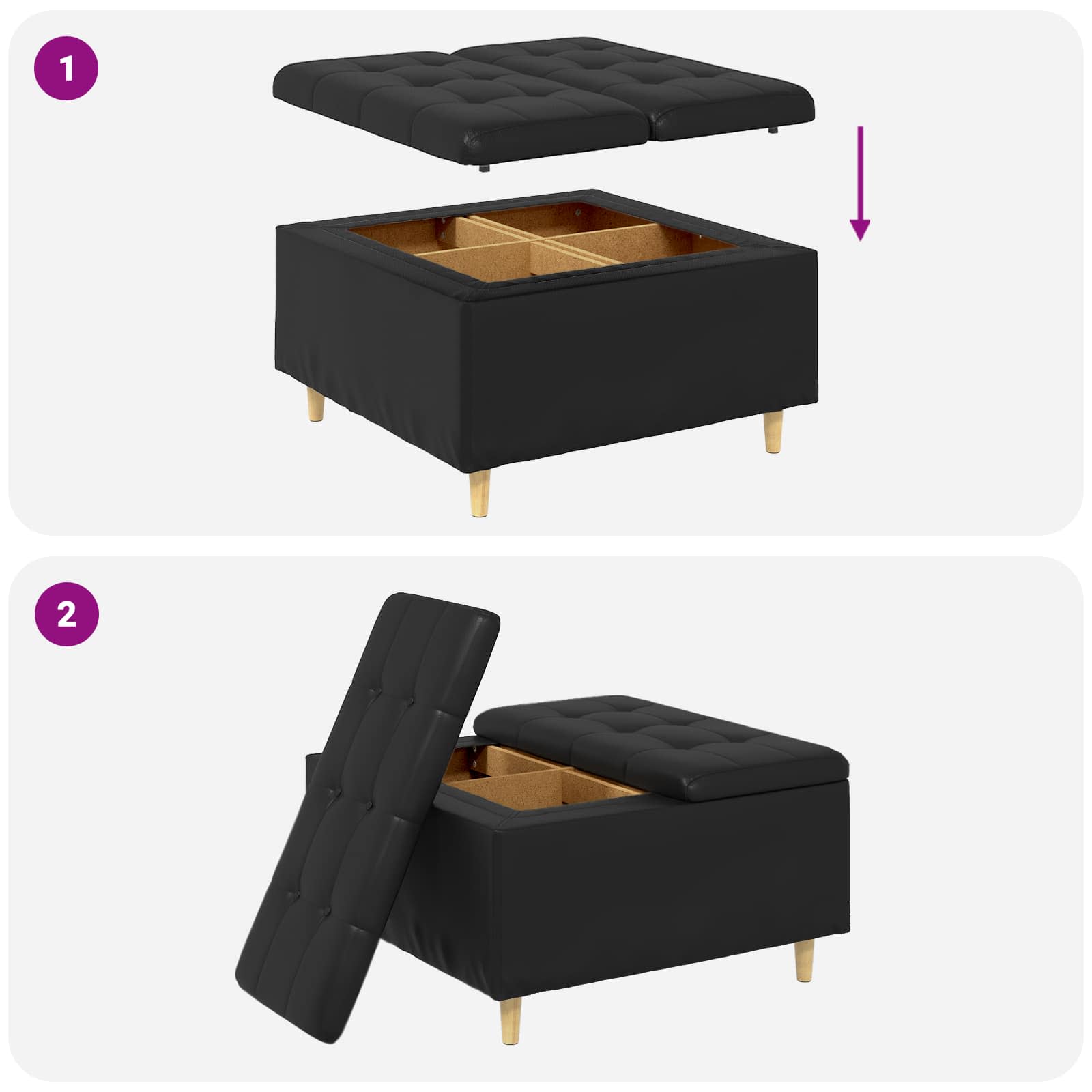 Otoman za pohranu s jastukom Crna 80 x 80 x 45 cm Umjetna koža