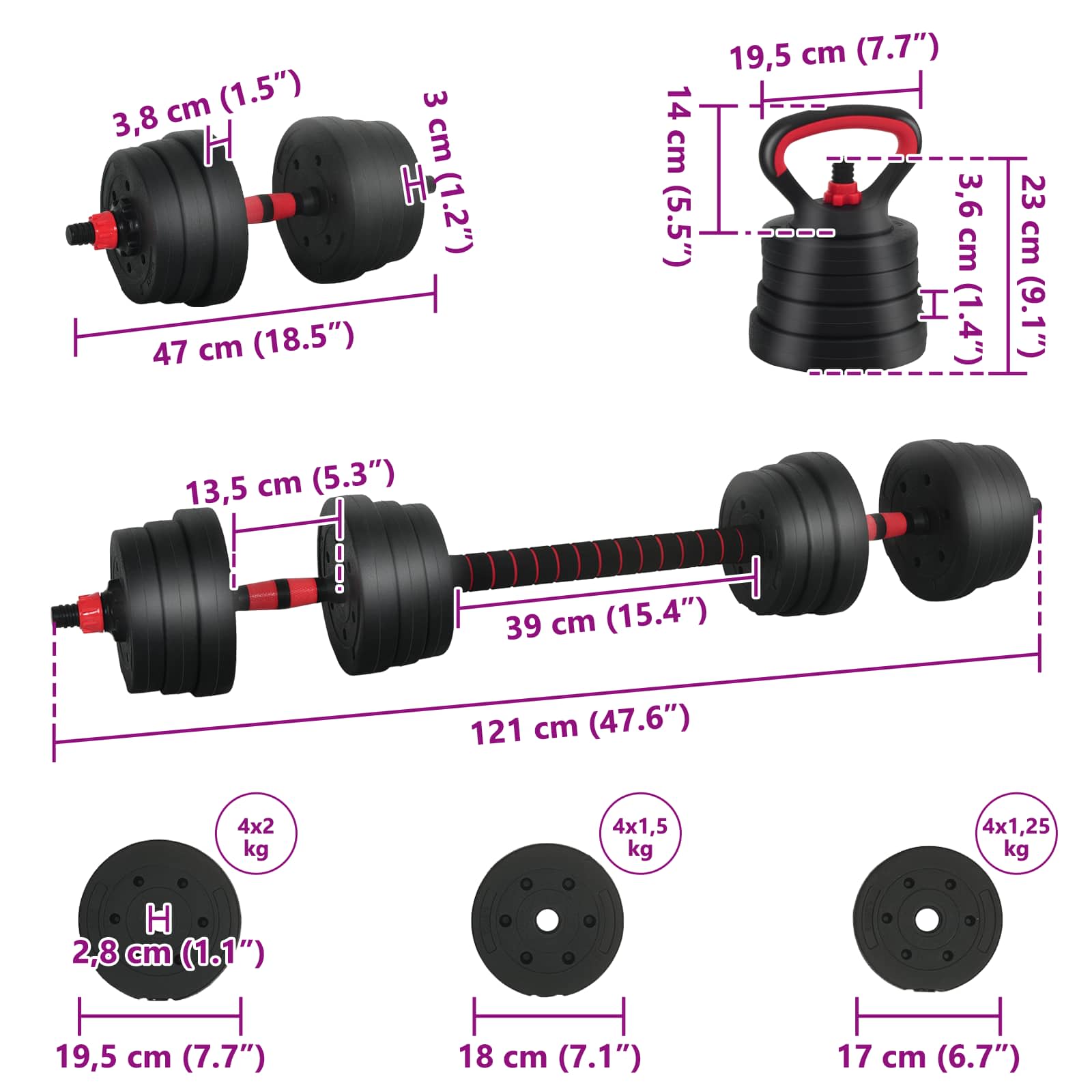 Set utega 4-u-1: bučica, težinska šipka i kettlebell 20 kg