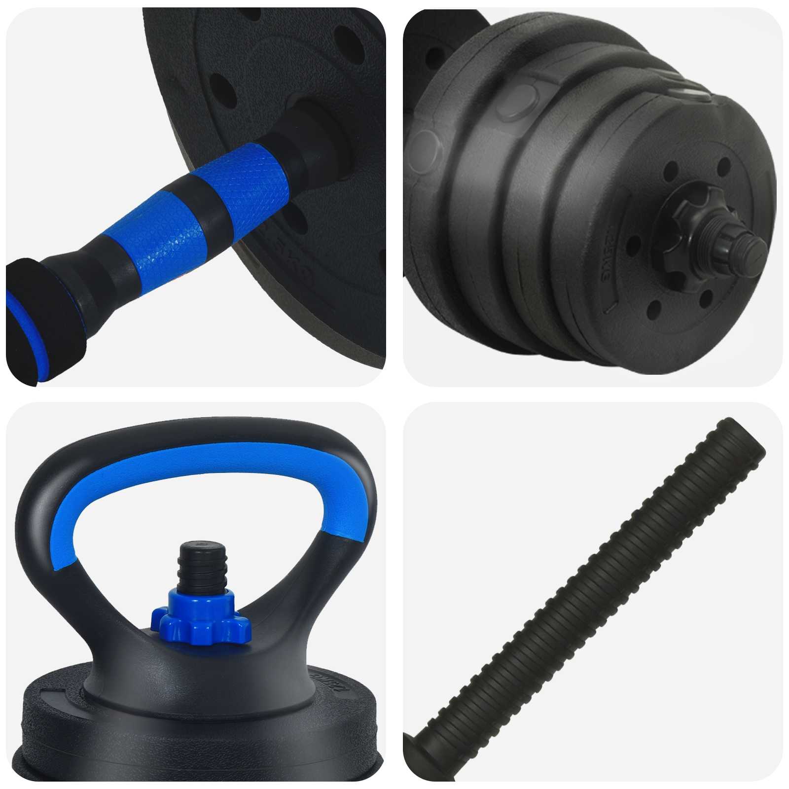 4-u-1 set bučica, brojčana i kettlebell 30 kg Crna i Plava
