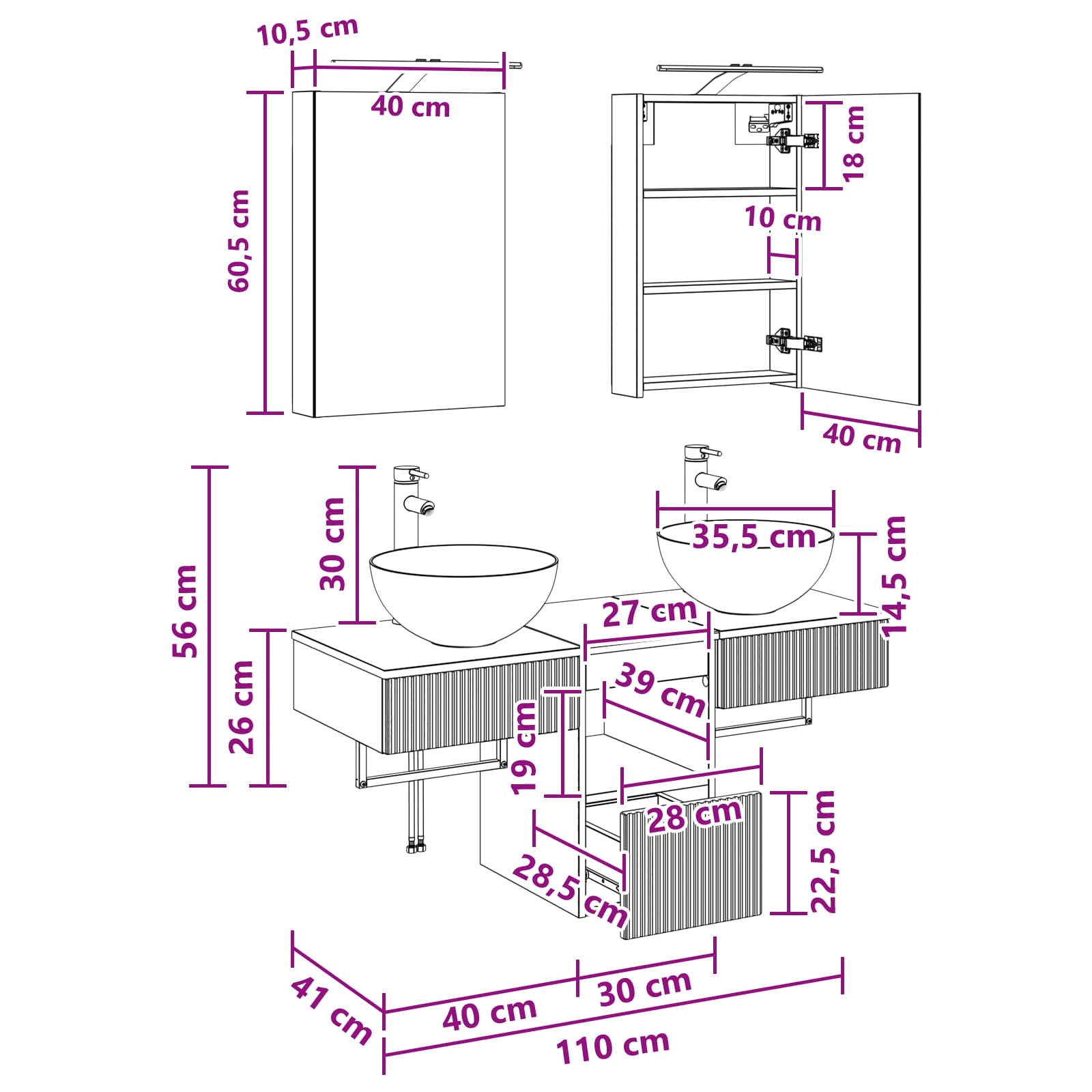 Set ormarića za kupaonicu 5 pcs Bijela 40 x 10,5 x 60,5 cm