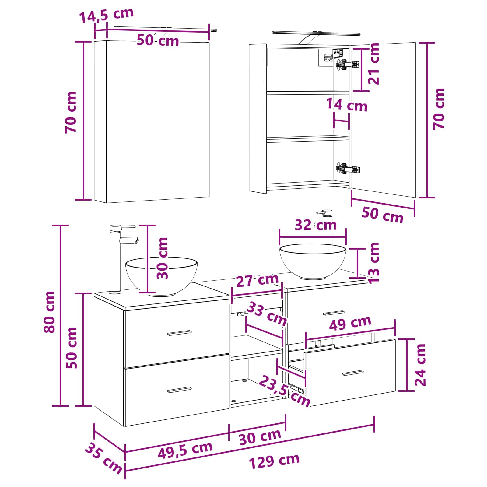 Set ormarića za kupaonicu 5 pcs Crni hrast 50 x 14,5 x 70 cm