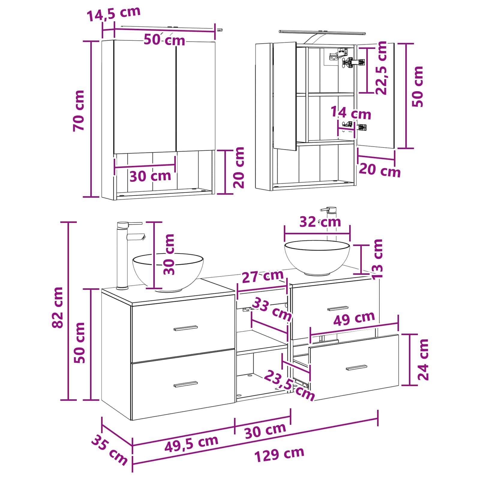 Set ormarića za kupaonicu 5 pcs Bijela 50 x 14,5 x 70 cm